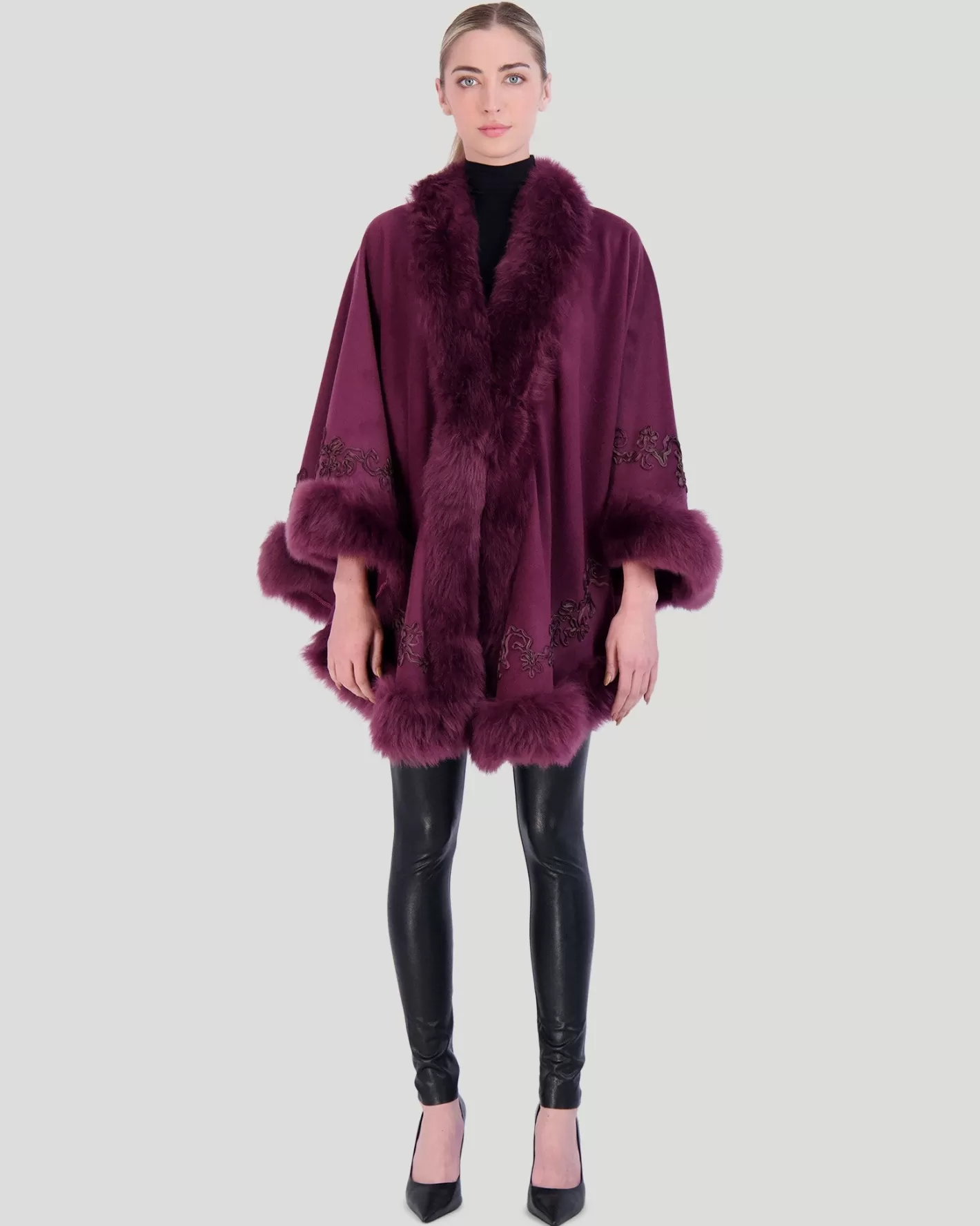 Women GORSKI Montreal Select Cashmere & Wool Cape With Toscana Shearling Lamb Trim And Ribbon Embroidery
