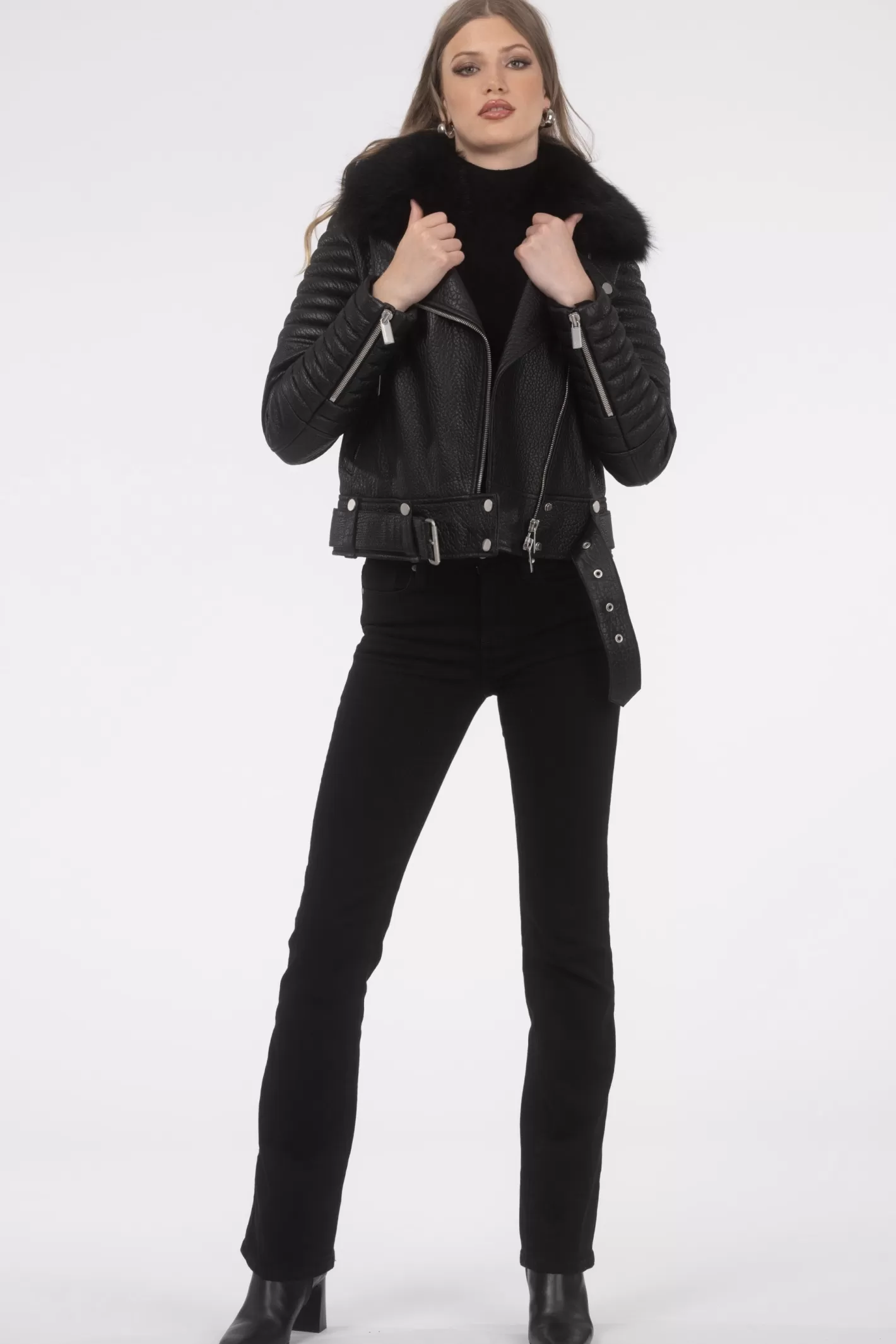 Women GORSKI Montreal Select Lambskin Moto Zip Jacket With Detachable Toscana Shearling Lamb Collar