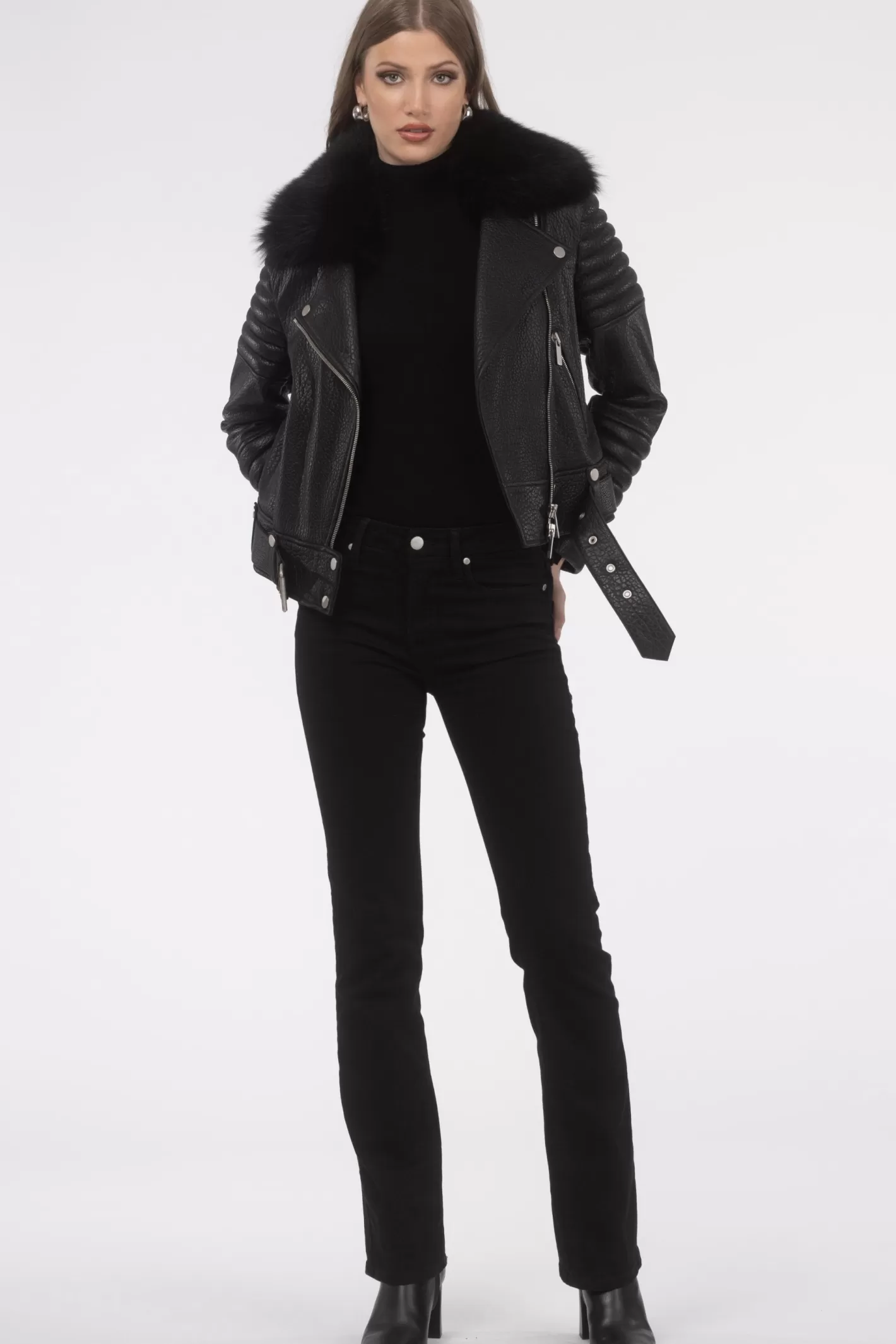 Women GORSKI Montreal Select Lambskin Moto Zip Jacket With Detachable Toscana Shearling Lamb Collar