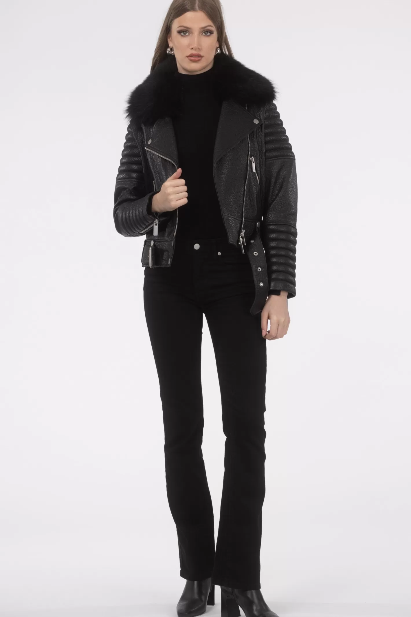 Women GORSKI Montreal Select Lambskin Moto Zip Jacket With Detachable Toscana Shearling Lamb Collar