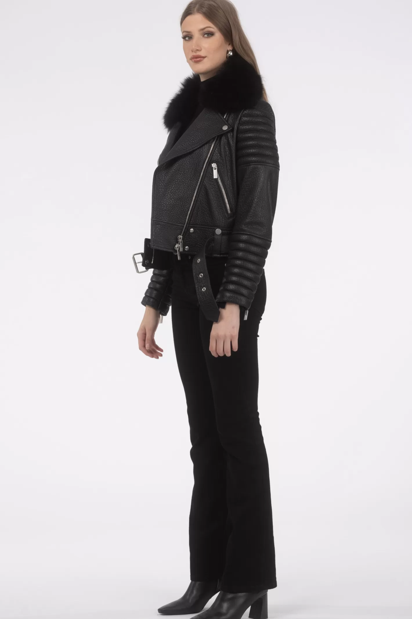 Women GORSKI Montreal Select Lambskin Moto Zip Jacket With Detachable Toscana Shearling Lamb Collar