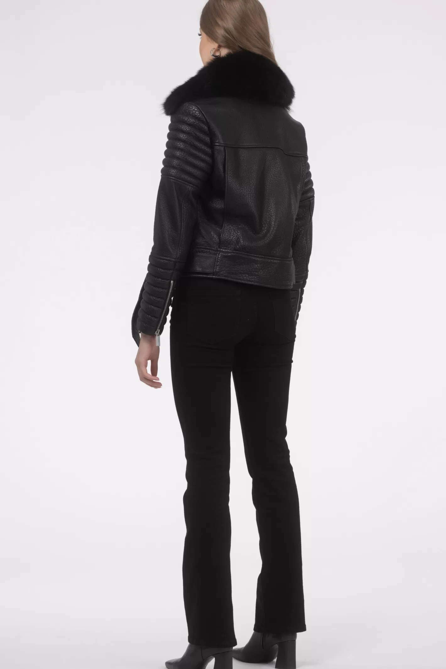 Women GORSKI Montreal Select Lambskin Moto Zip Jacket With Detachable Toscana Shearling Lamb Collar