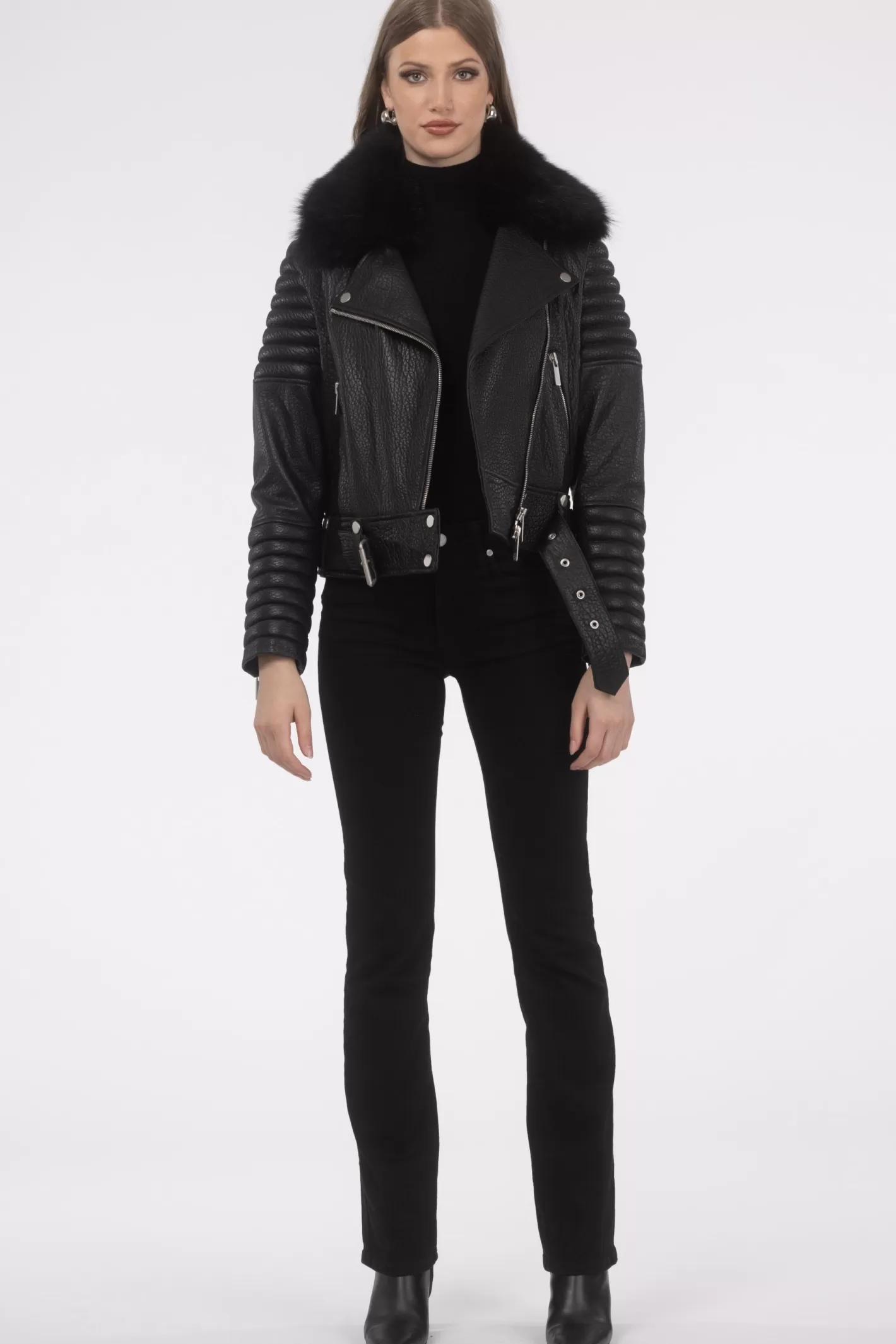 Women GORSKI Montreal Select Lambskin Moto Zip Jacket With Detachable Toscana Shearling Lamb Collar