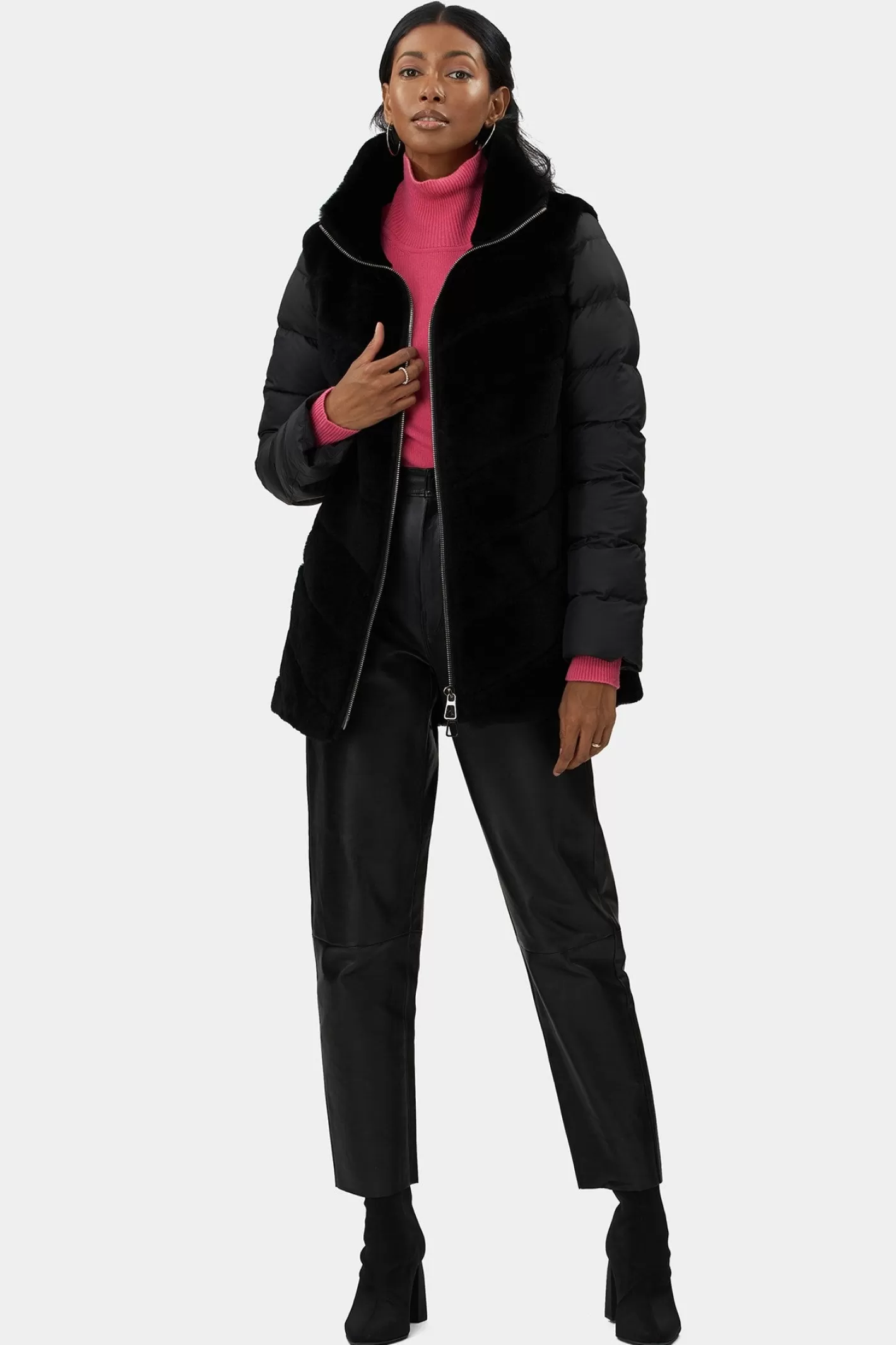 Women GORSKI Montreal Select Shearling Lamb Chevron Jacket With Detachable Horizontal Quilted Sleeves