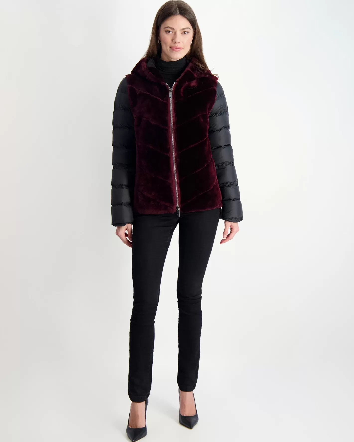 Women GORSKI Montreal Select Shearling Lamb Chevron Parka With Quilted Sleeves And Back