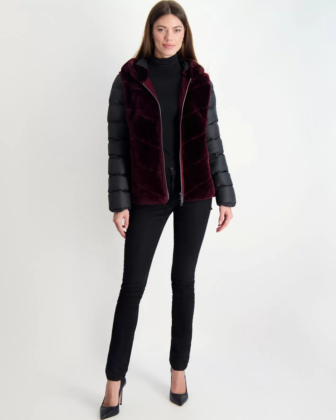Women GORSKI Montreal Select Shearling Lamb Chevron Parka With Quilted Sleeves And Back