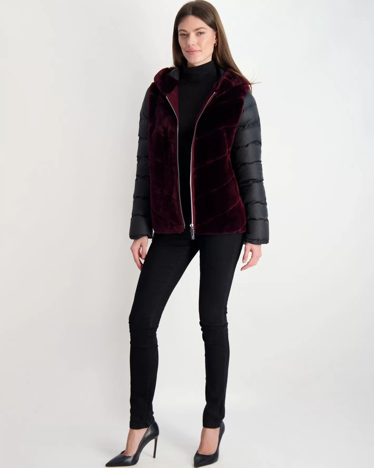 Women GORSKI Montreal Select Shearling Lamb Chevron Parka With Quilted Sleeves And Back