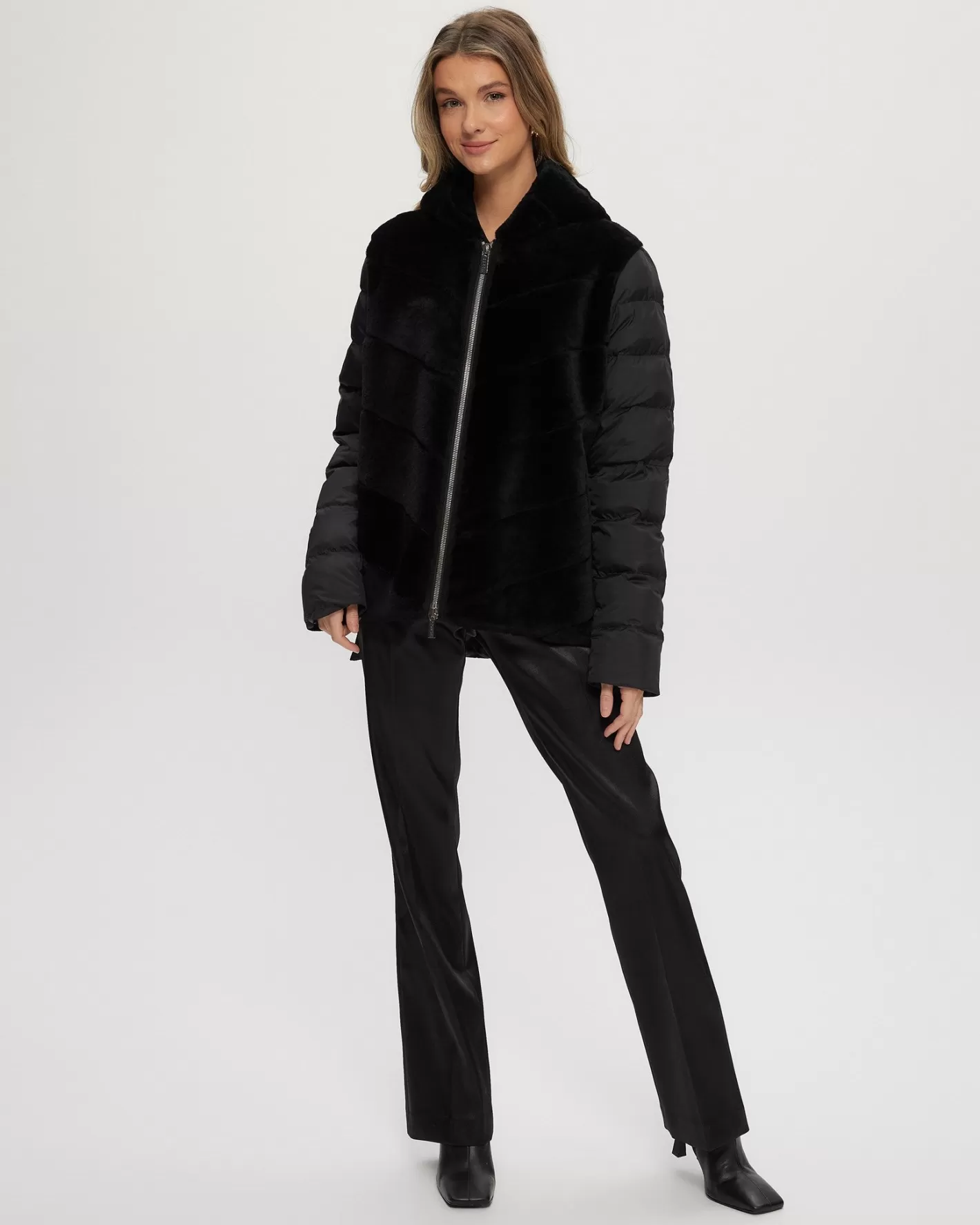 Women GORSKI Montreal Select Shearling Lamb Chevron Parka With Quilted Sleeves And Back