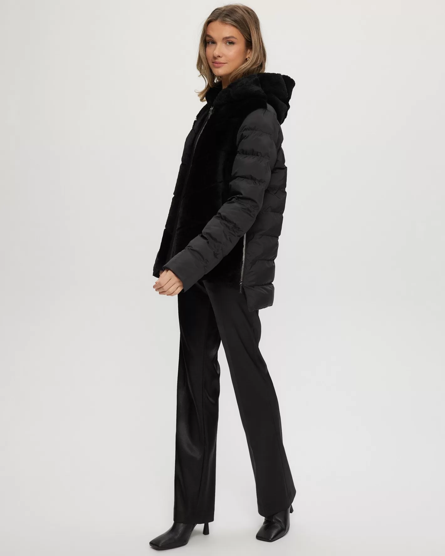 Women GORSKI Montreal Select Shearling Lamb Chevron Parka With Quilted Sleeves And Back