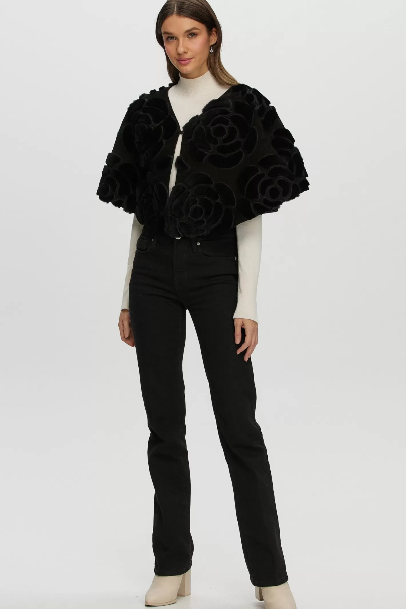 Women GORSKI Montreal Select Shearling Lamb/Suede Floral Embroidered Stole Reversible To Loro Piana Cashmere & Wool