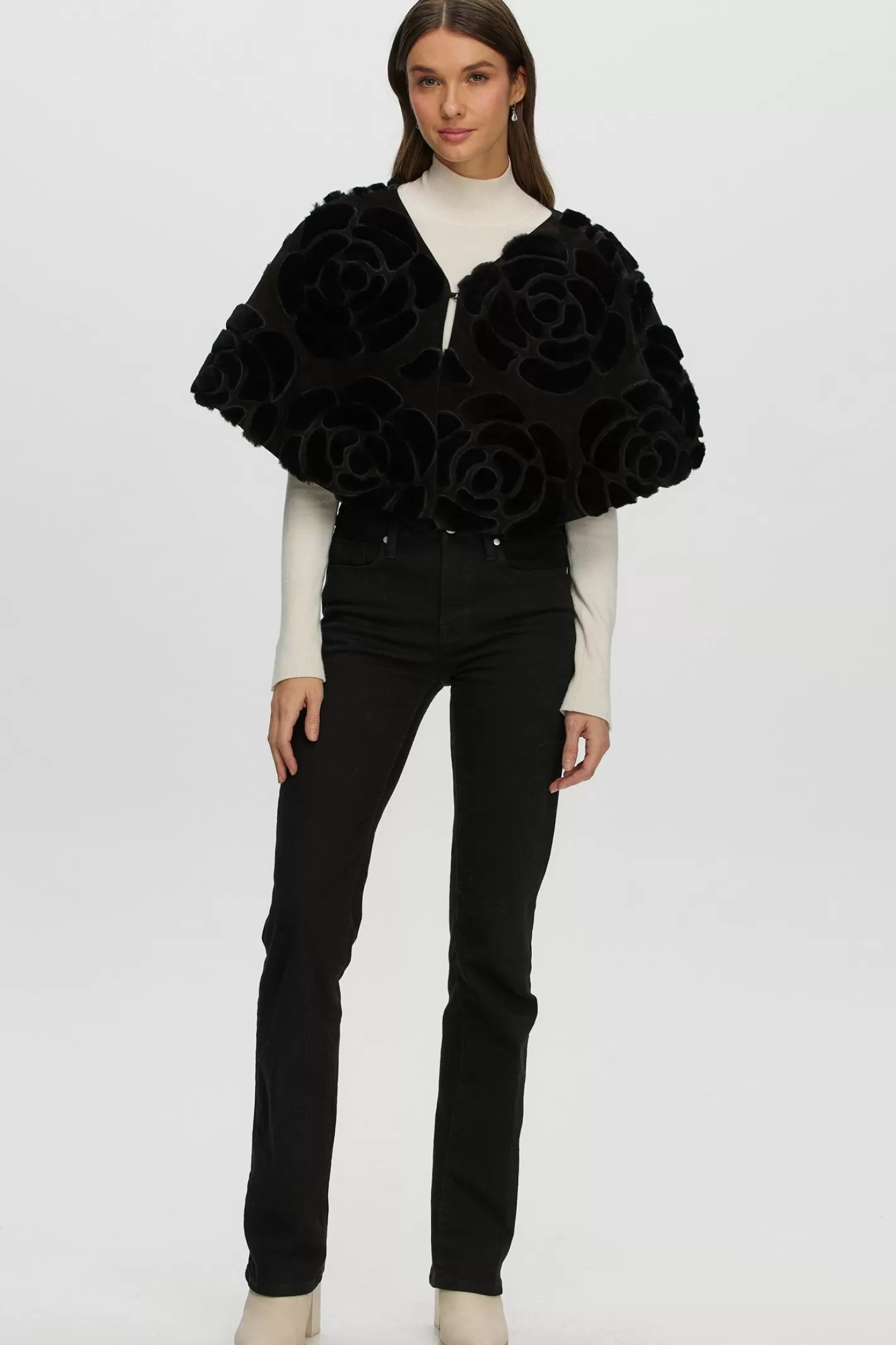 Women GORSKI Montreal Select Shearling Lamb/Suede Floral Embroidered Stole Reversible To Loro Piana Cashmere & Wool