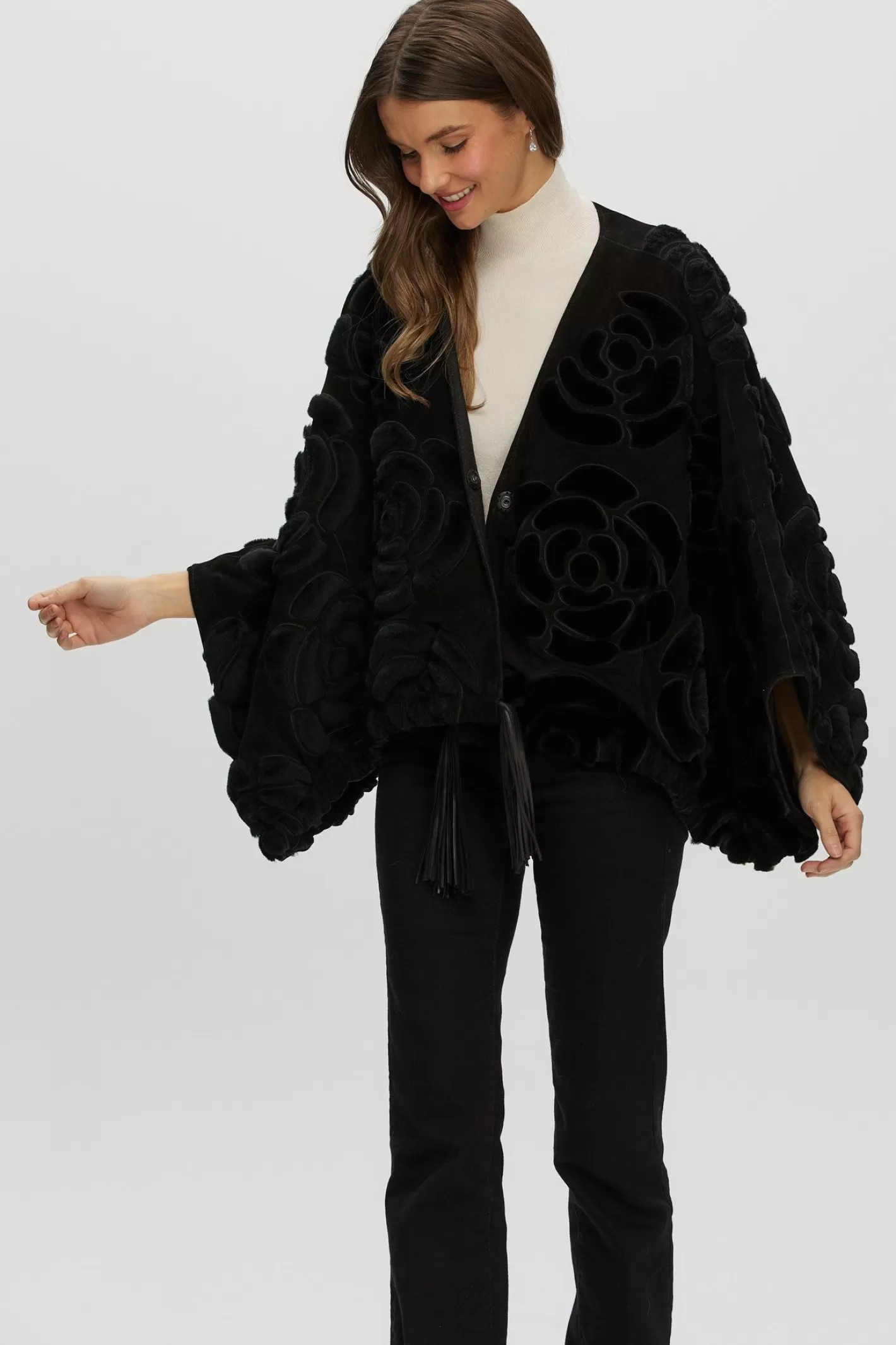 Women GORSKI Montreal Select Shearling/Suede Lamb Floral Embroidered Jacket Reversible To Loro Piana Cashmere & Wool