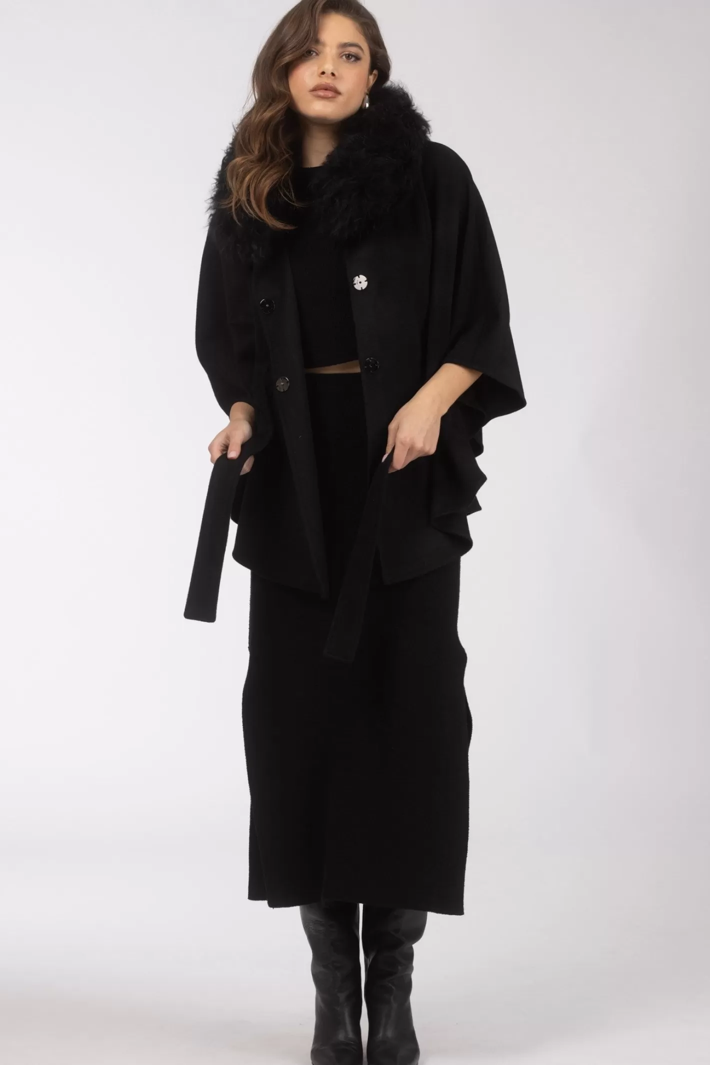 Women GORSKI Montreal Select Wool Belted Cape With Select Lamb Collar