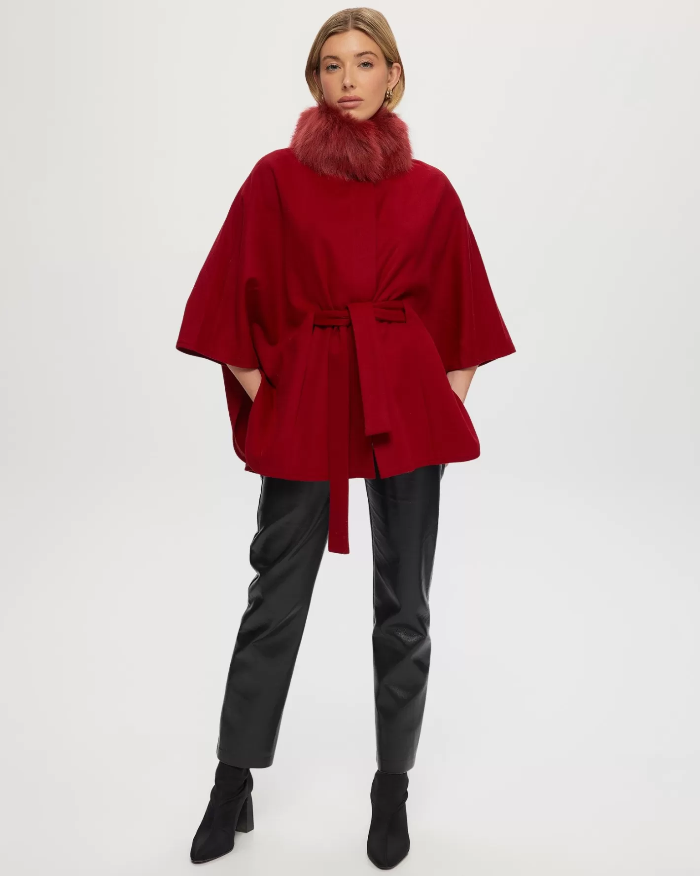 Women GORSKI Montreal Select Wool Belted Cape With Toscana Shearling Lamb Collar