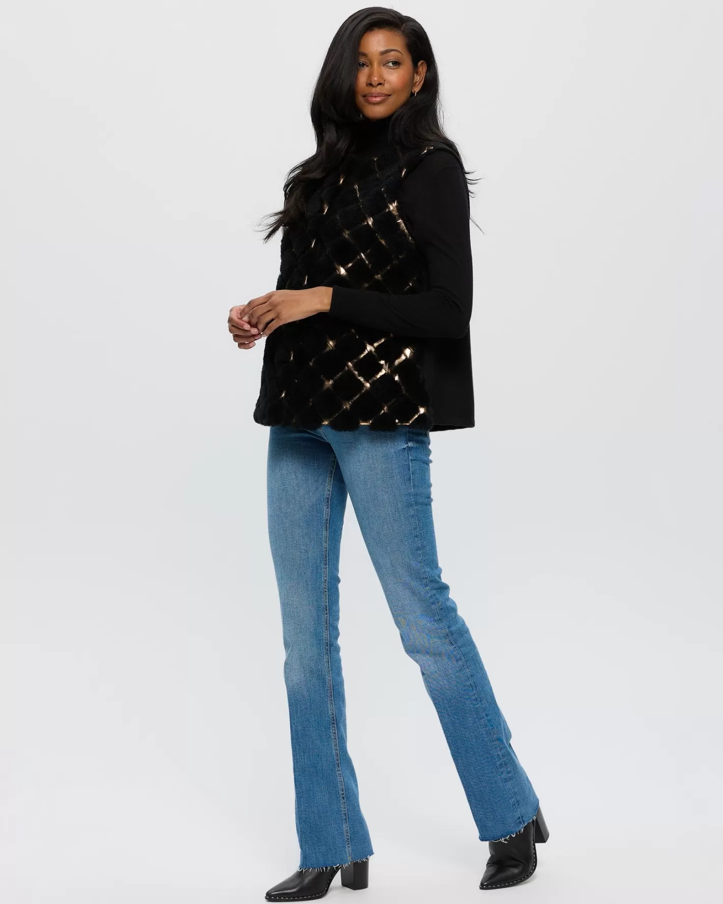 Women GORSKI Montreal SHEARED CASHMERE GOAT COLLARLESS VEST WITH LEATHER INSERTS AND CASHMERE BACK