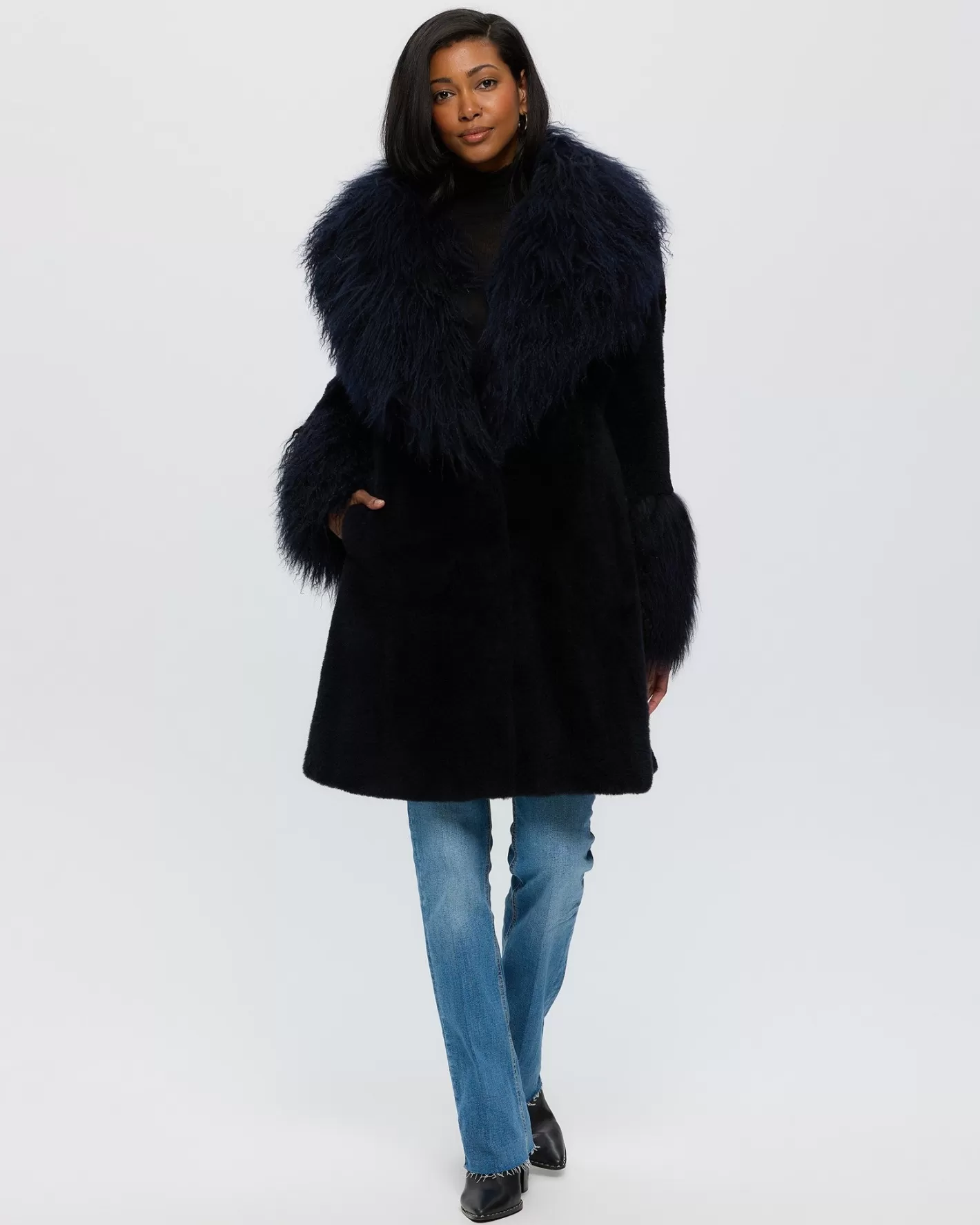 Women GORSKI Montreal SHEARED CASHMERE GOAT STROLLER WITH MONGOLIAN GOAT SHAWL COLLAR & CUFFS
