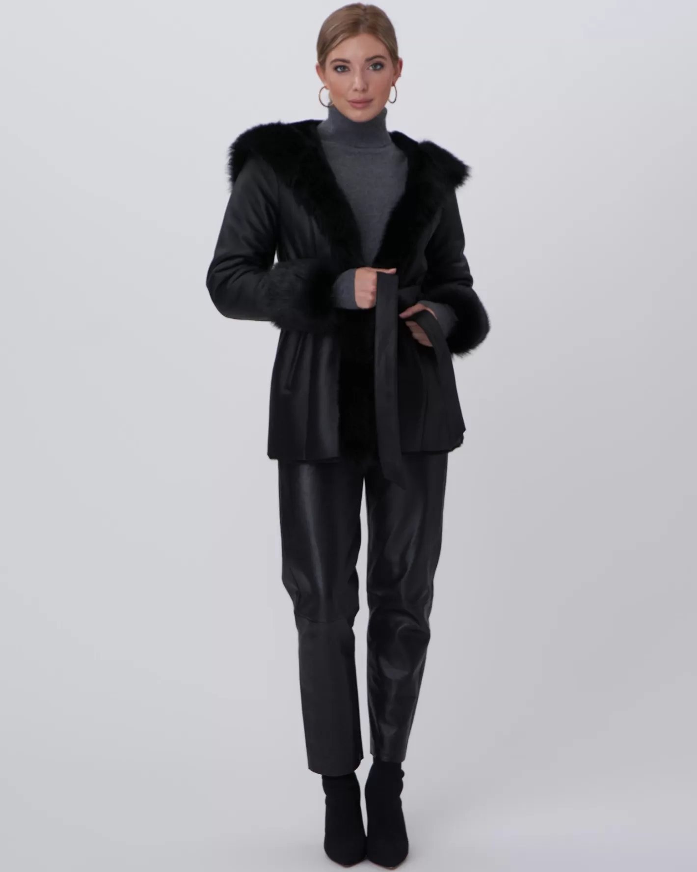 Women GORSKI Montreal Shearling Lamb Hooded Jacket With Toscana Trim And Cuffs, Belt