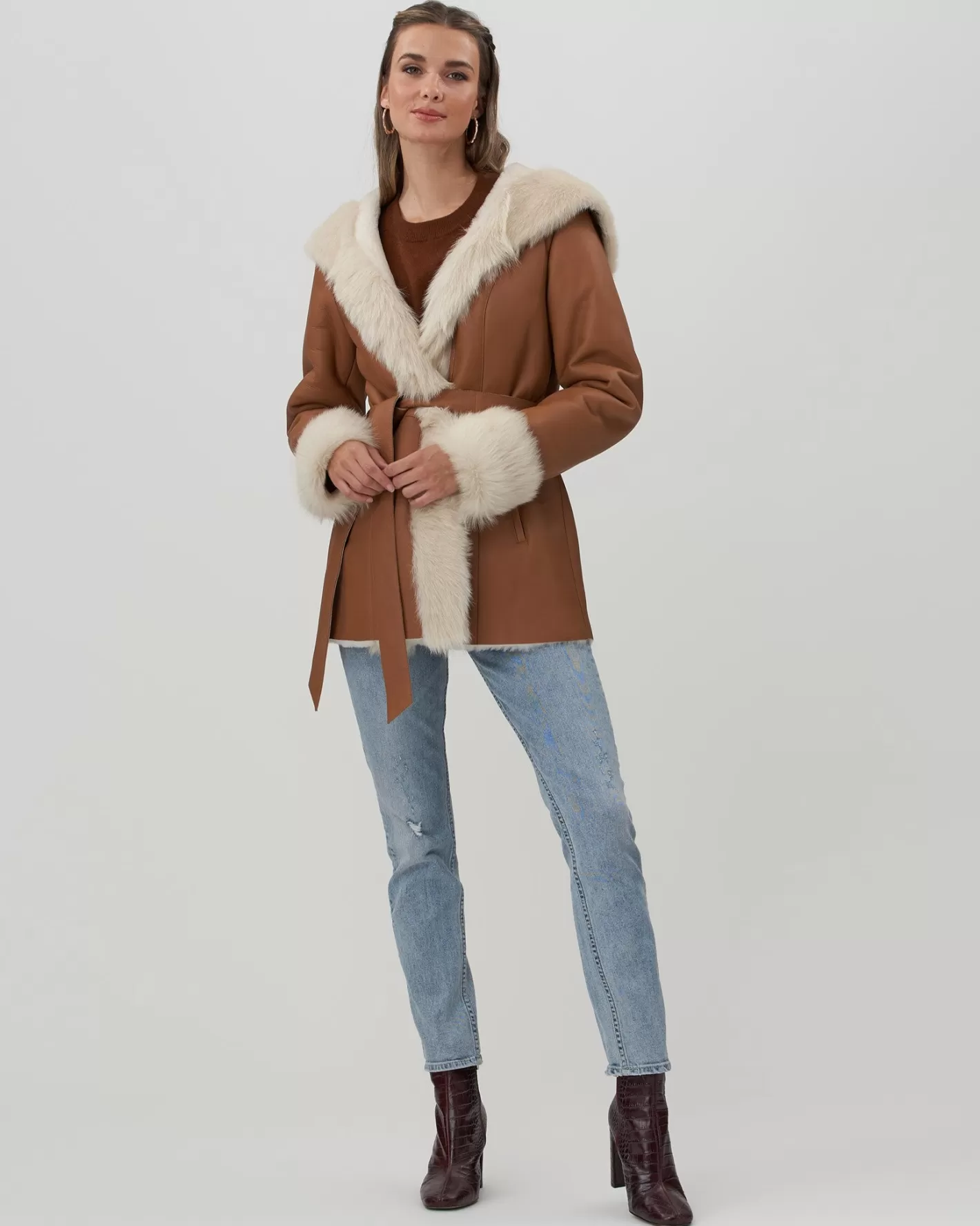 Women GORSKI Montreal Shearling Lamb Hooded Jacket With Toscana Trim And Cuffs, Belt