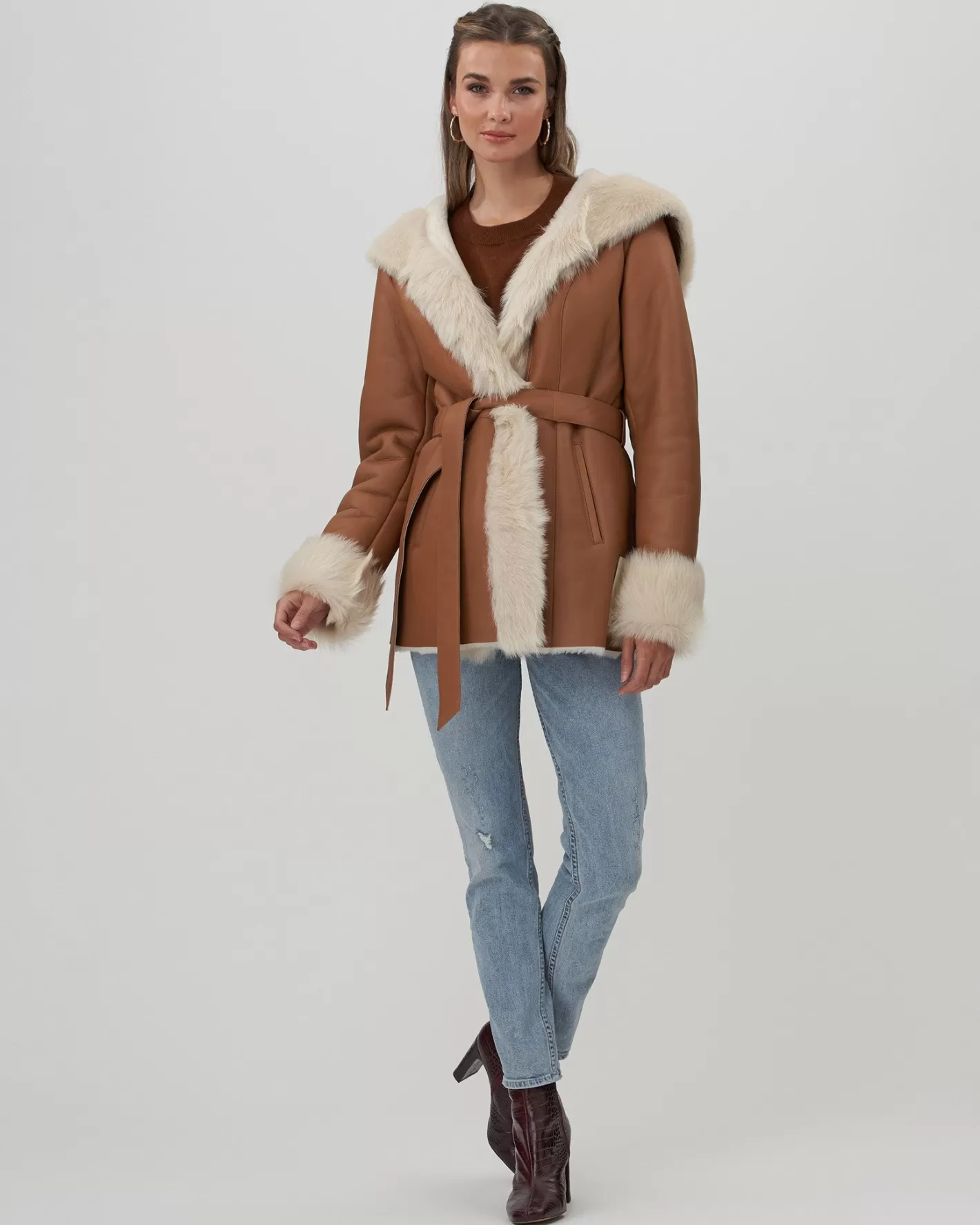 Women GORSKI Montreal Shearling Lamb Hooded Jacket With Toscana Trim And Cuffs, Belt