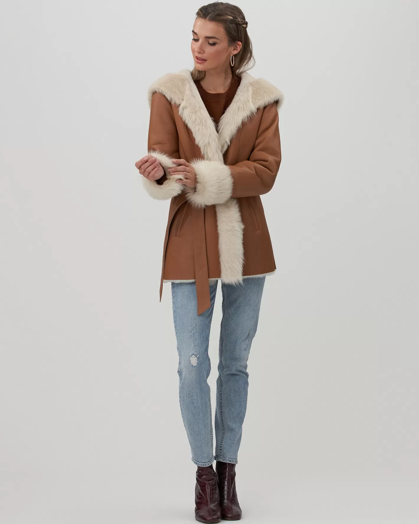 Women GORSKI Montreal Shearling Lamb Hooded Jacket With Toscana Trim And Cuffs, Belt
