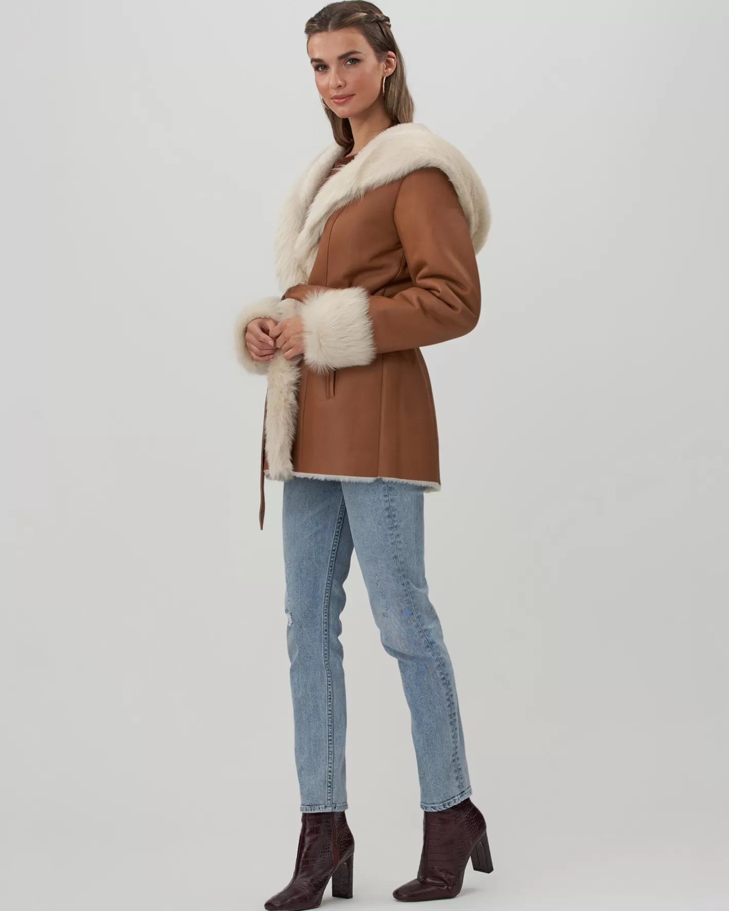 Women GORSKI Montreal Shearling Lamb Hooded Jacket With Toscana Trim And Cuffs, Belt
