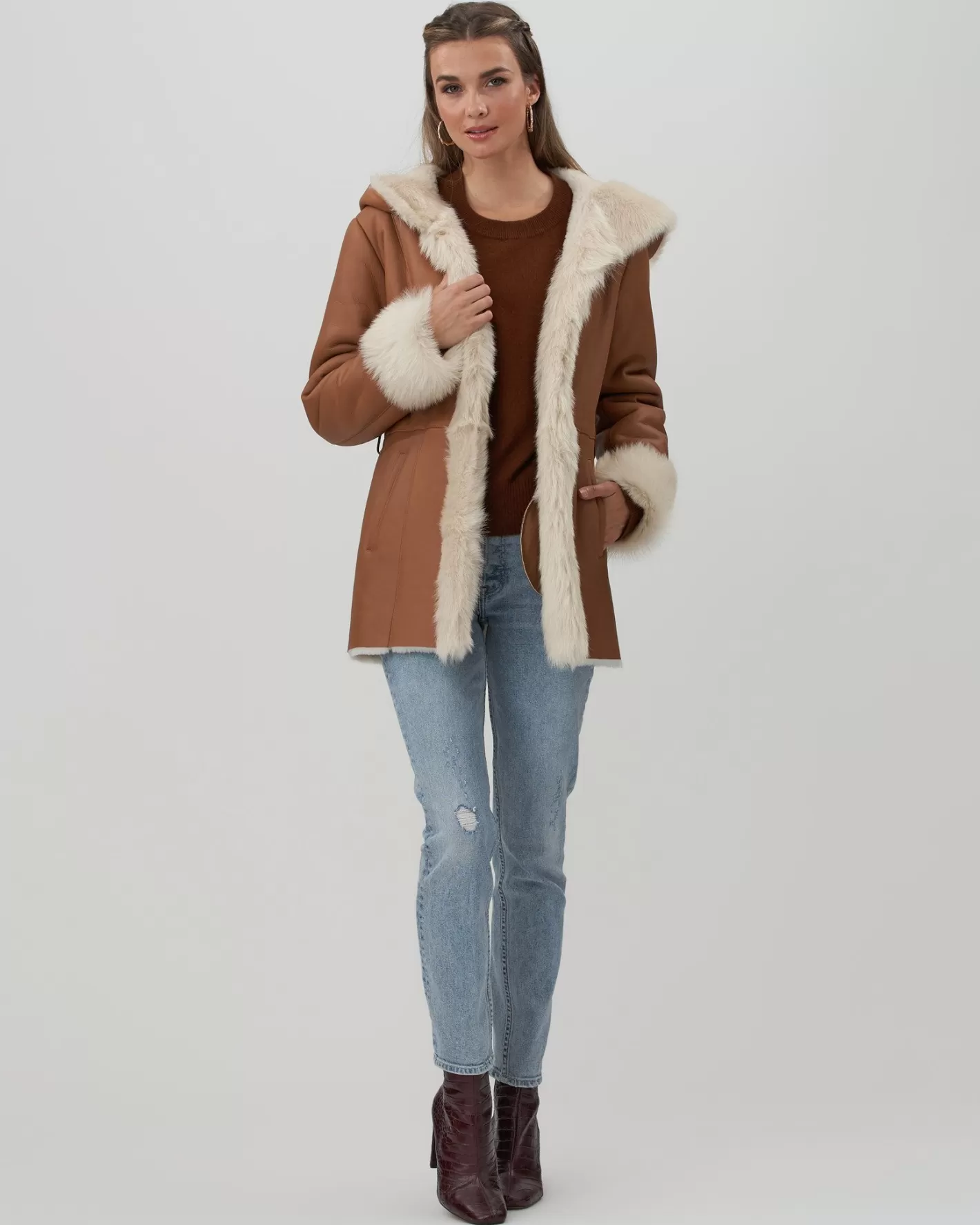 Women GORSKI Montreal Shearling Lamb Hooded Jacket With Toscana Trim And Cuffs, Belt