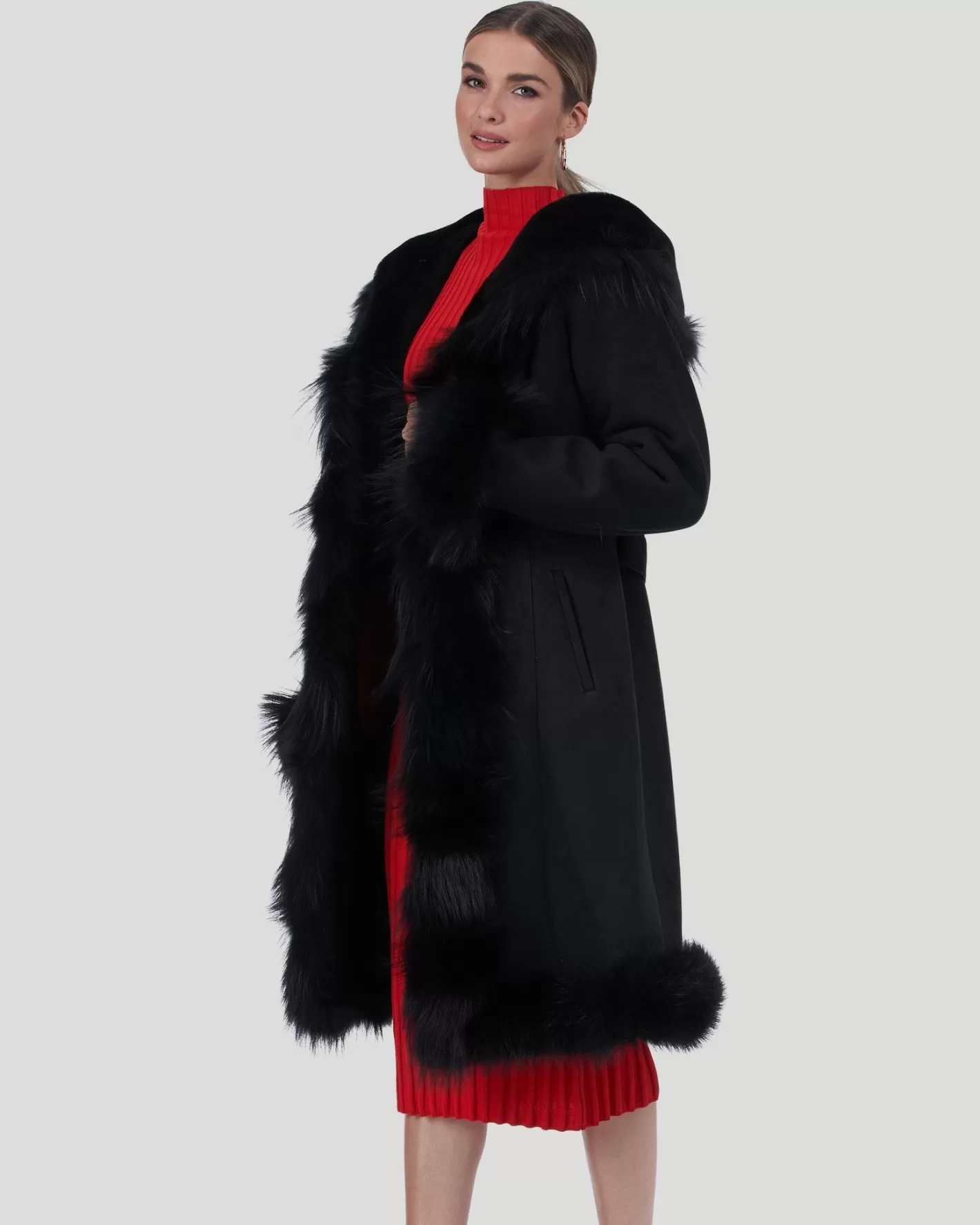Women GORSKI Montreal Shearling Lamb Short Coat With Toscana Lamb Tuxedo Collar, Hood Trim, Cuffs & Bottom