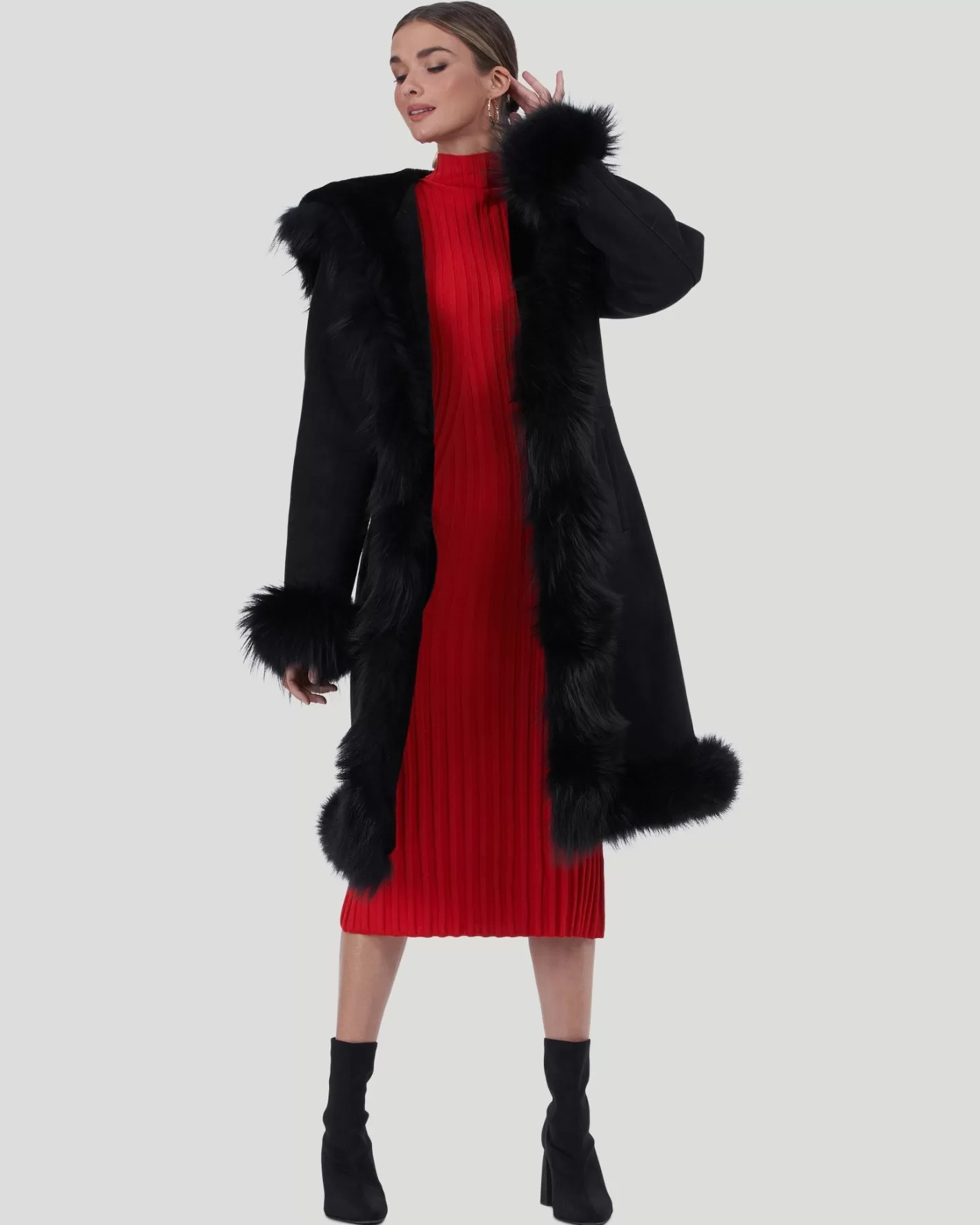Women GORSKI Montreal Shearling Lamb Short Coat With Toscana Lamb Tuxedo Collar, Hood Trim, Cuffs & Bottom
