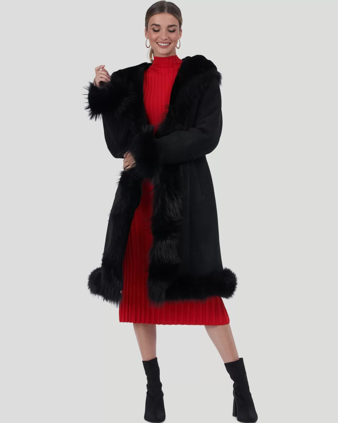 Women GORSKI Montreal Shearling Lamb Short Coat With Toscana Lamb Tuxedo Collar, Hood Trim, Cuffs & Bottom