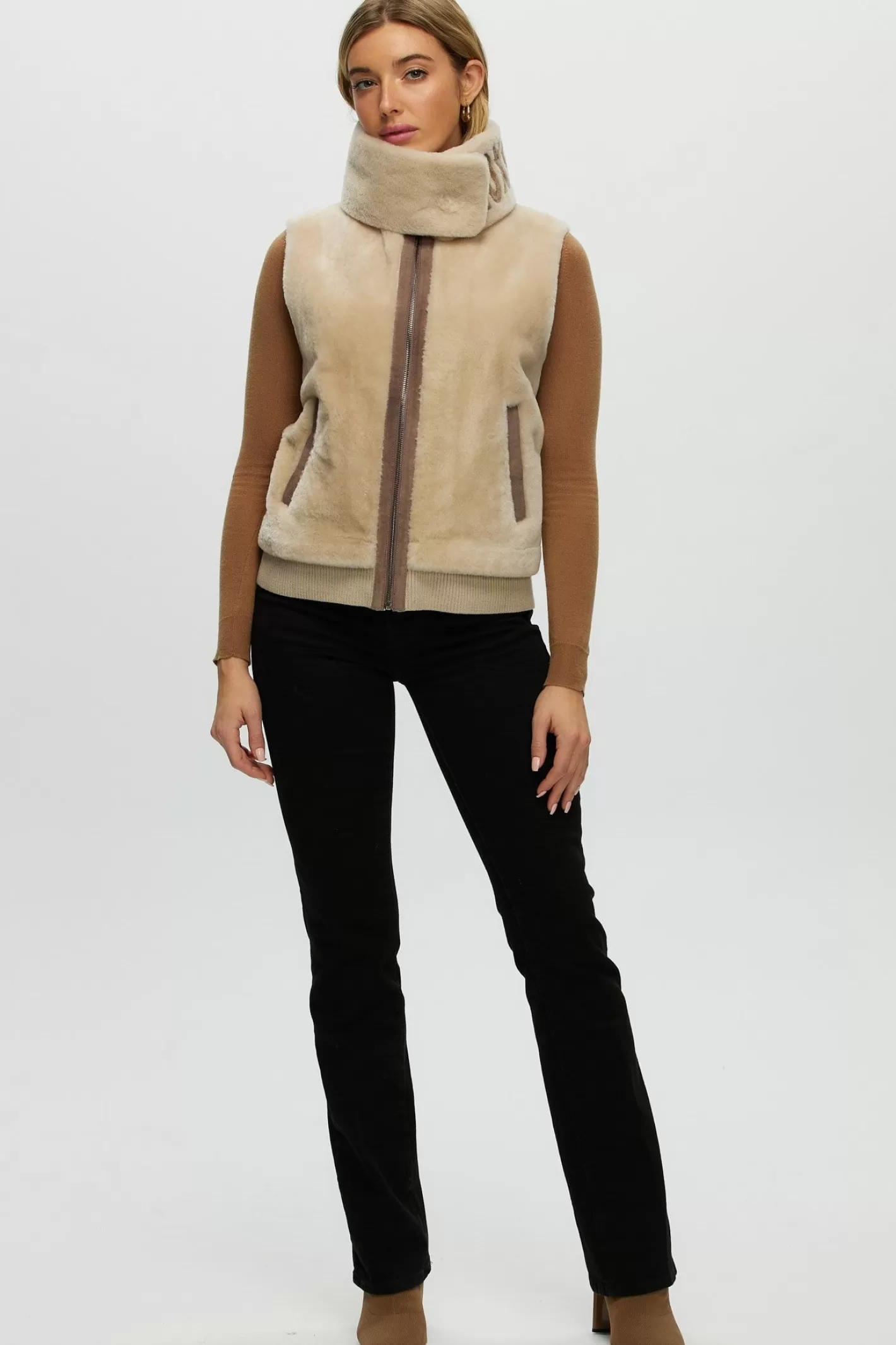 Women GORSKI Montreal Shearling Lamb Zip Vest With Detachable Collar