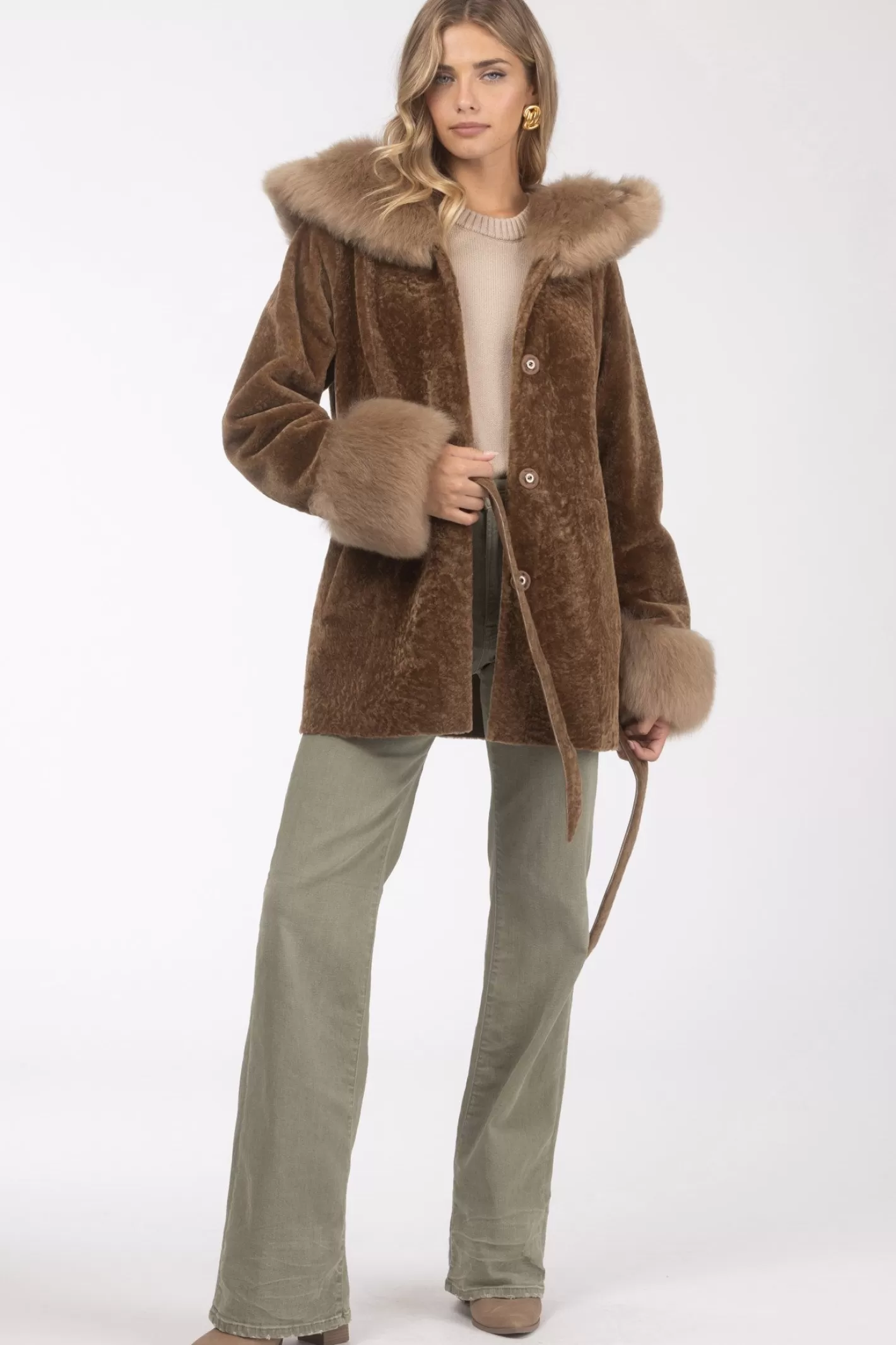Women GORSKI Montreal Textured Shearling Lamb Reversible Parka With Merinillo Shearling Lamb Hood Trim & Cuffs, Belt