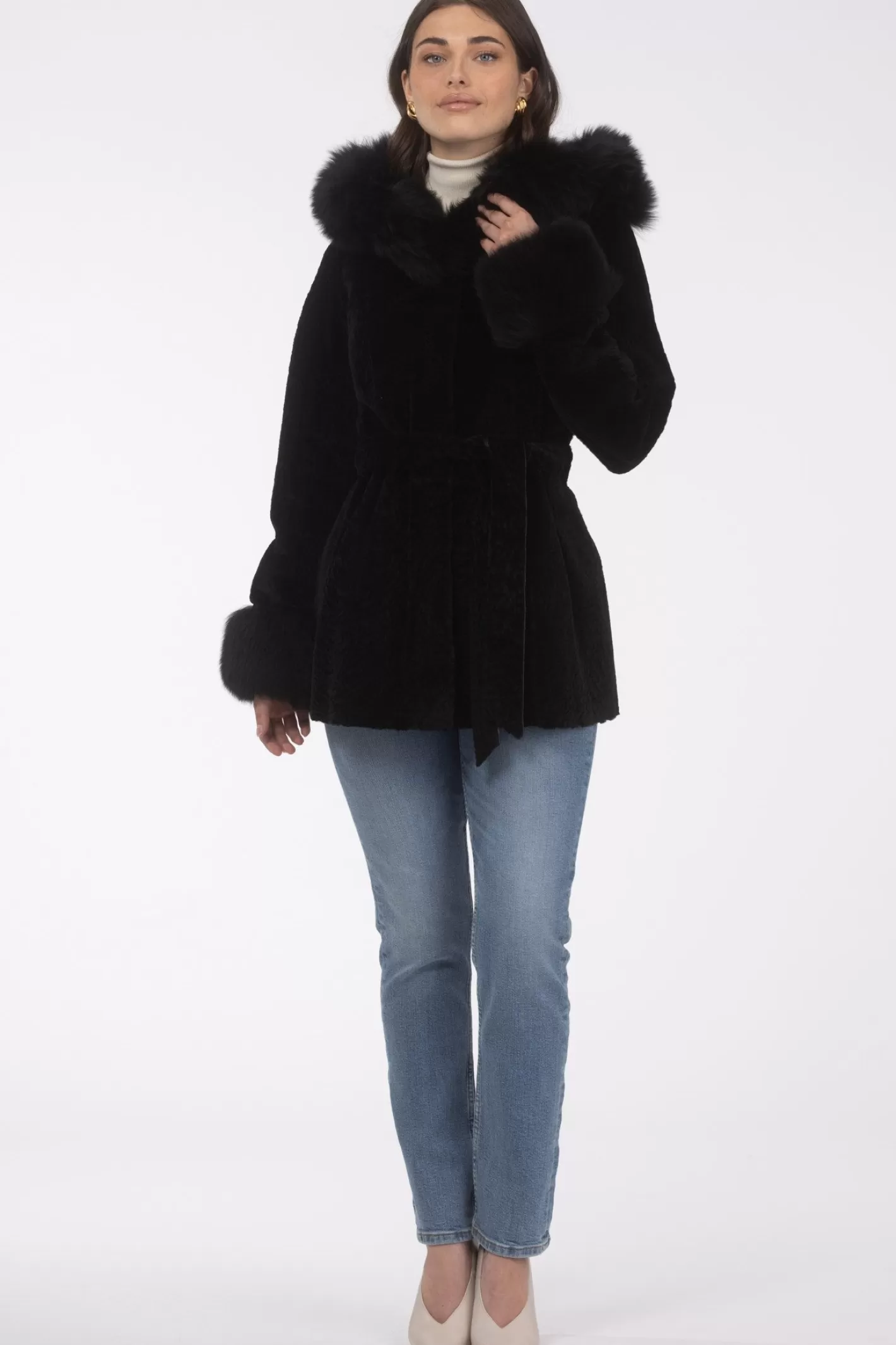 Women GORSKI Montreal Textured Shearling Lamb Reversible Parka With Merinillo Shearling Lamb Hood Trim & Cuffs, Belt