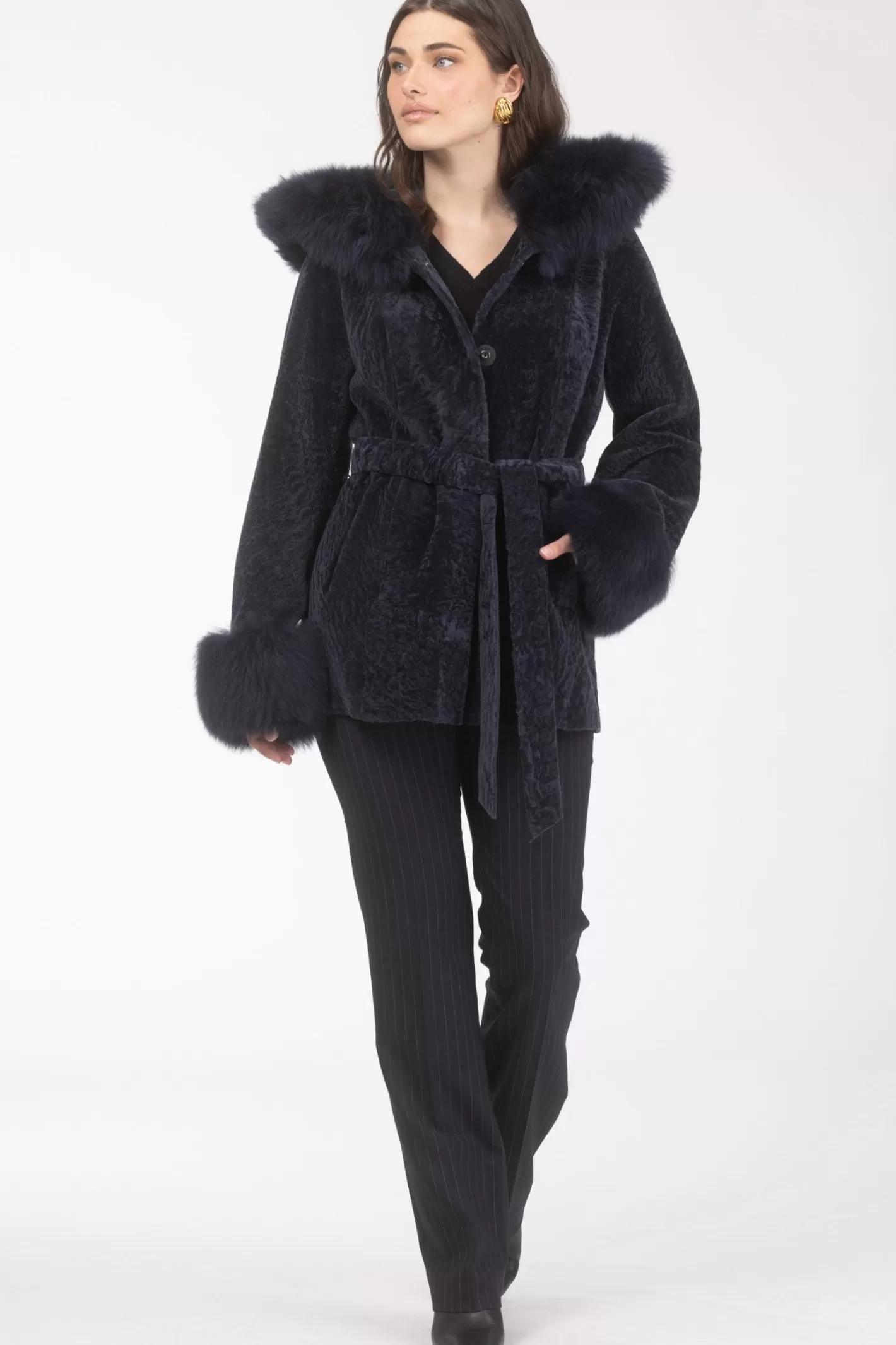 Women GORSKI Montreal Textured Shearling Lamb Reversible Parka With Merinillo Shearling Lamb Hood Trim & Cuffs, Belt