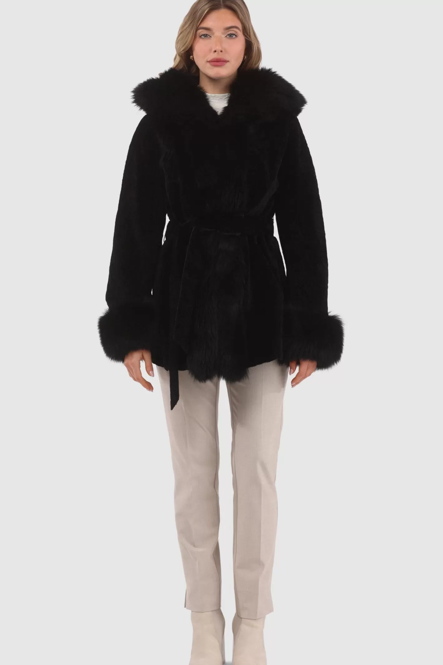 Women GORSKI Montreal Textured Shearling Lamb Reversible Parka With Merinillo Shearling Lamb Hood Trim, Tuxedo, Cuffs & Belt