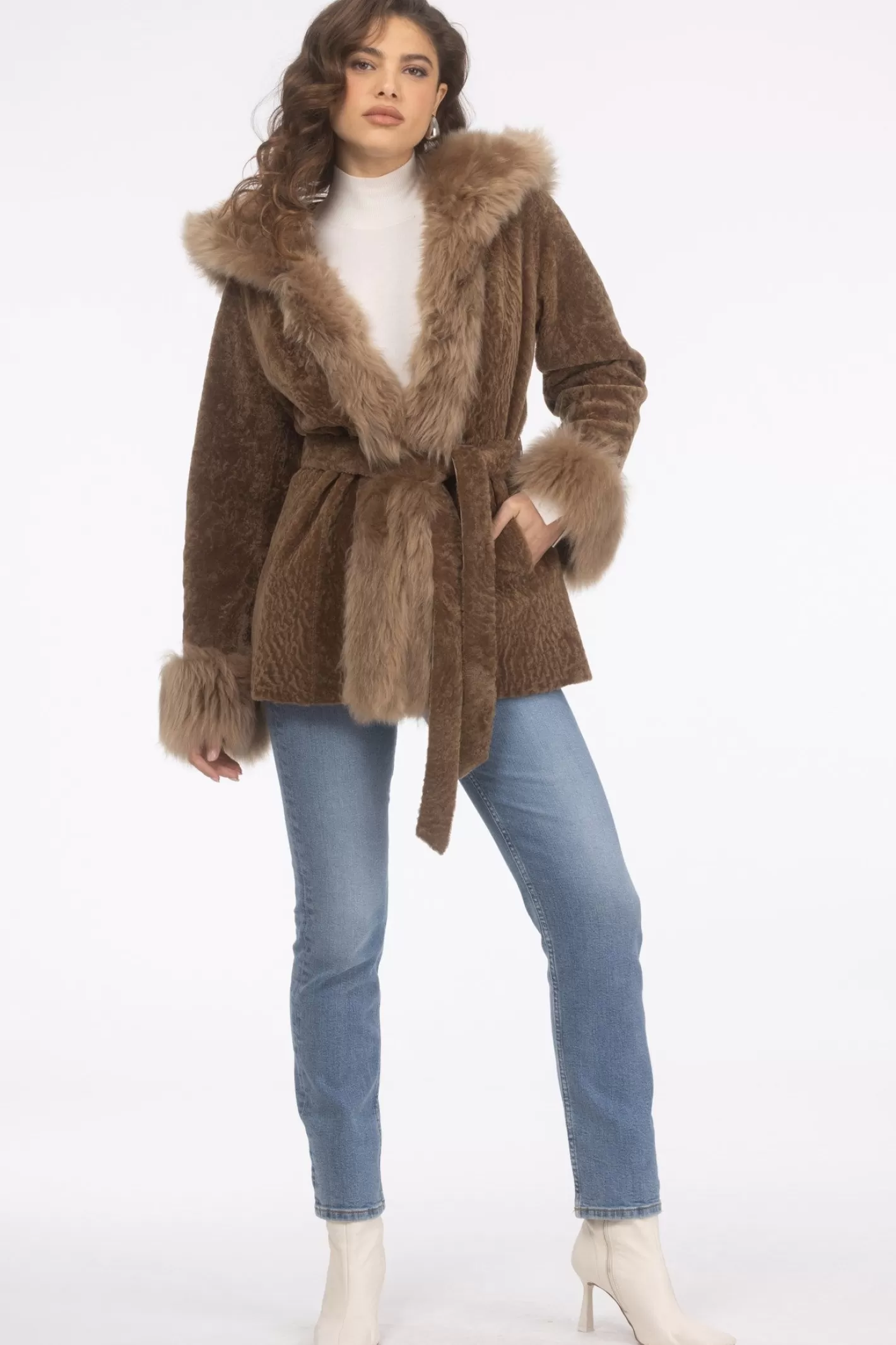 Women GORSKI Montreal Textured Shearling Lamb Reversible Parka With Merinillo Shearling Lamb Hood Trim, Tuxedo, Cuffs & Belt