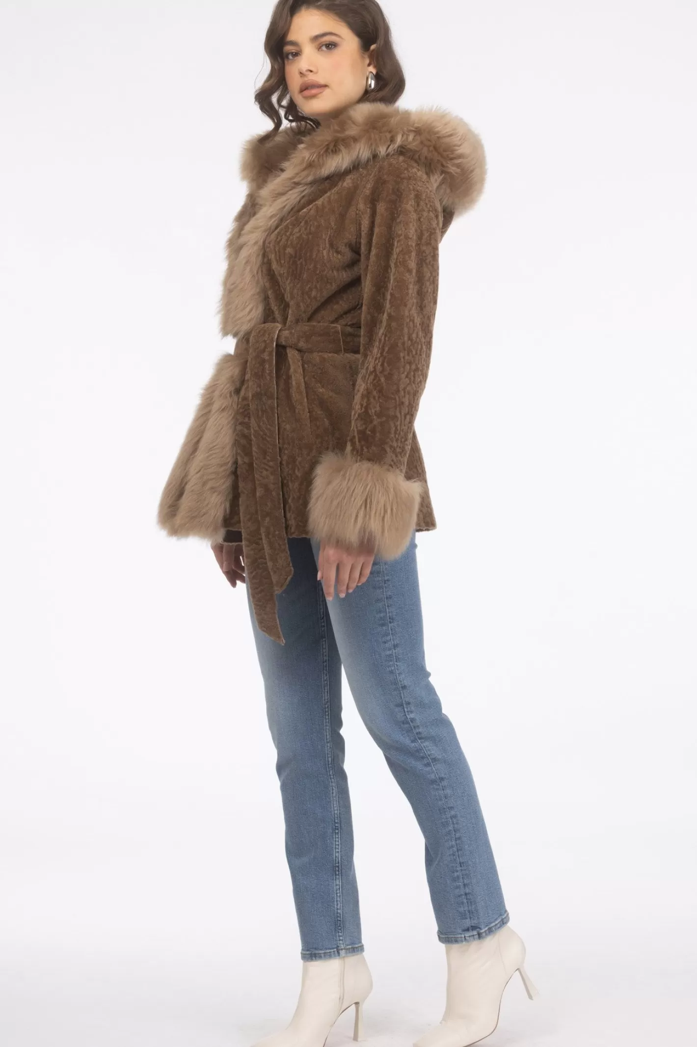 Women GORSKI Montreal Textured Shearling Lamb Reversible Parka With Merinillo Shearling Lamb Hood Trim, Tuxedo, Cuffs & Belt
