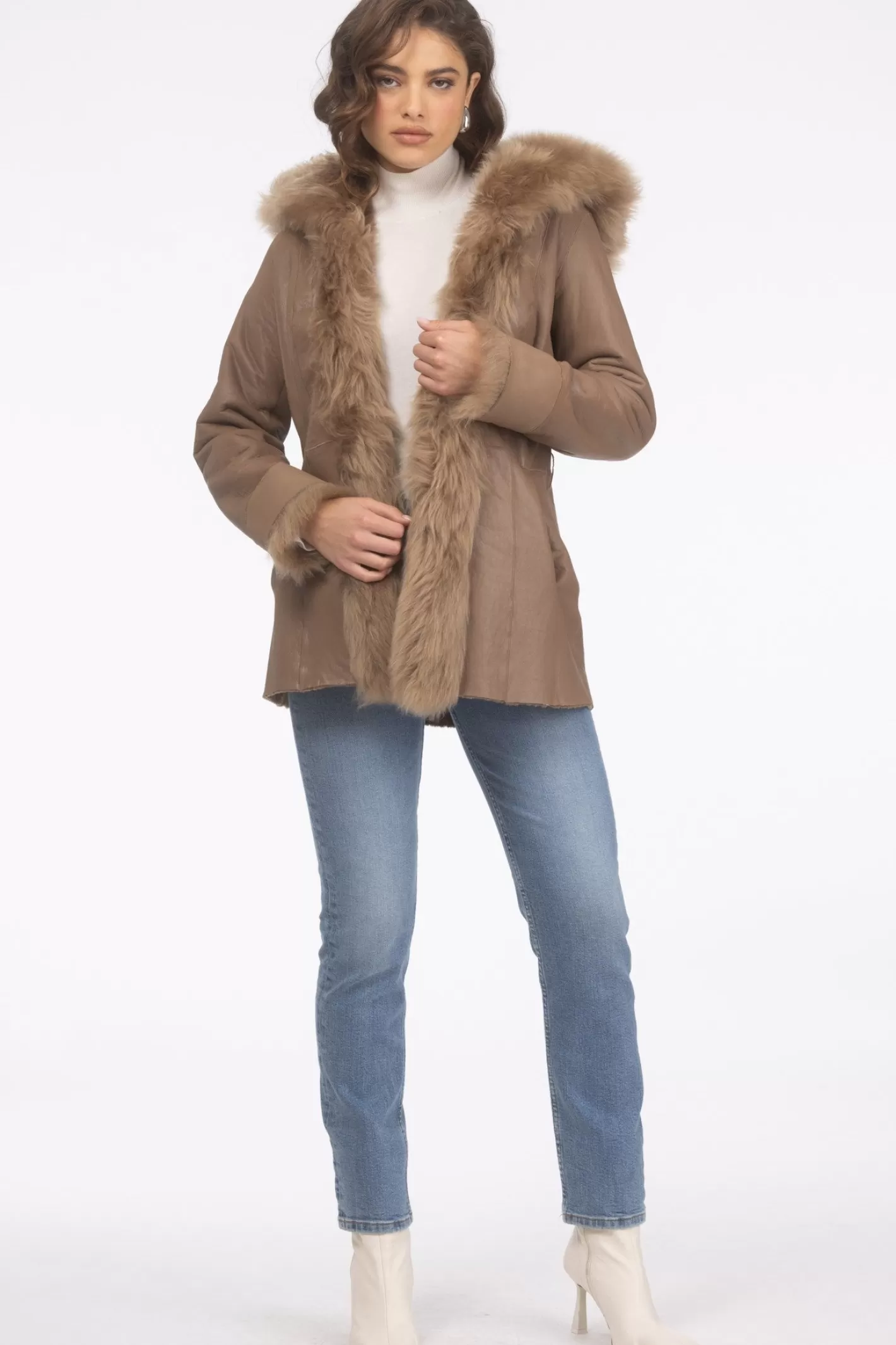 Women GORSKI Montreal Textured Shearling Lamb Reversible Parka With Merinillo Shearling Lamb Hood Trim, Tuxedo, Cuffs & Belt