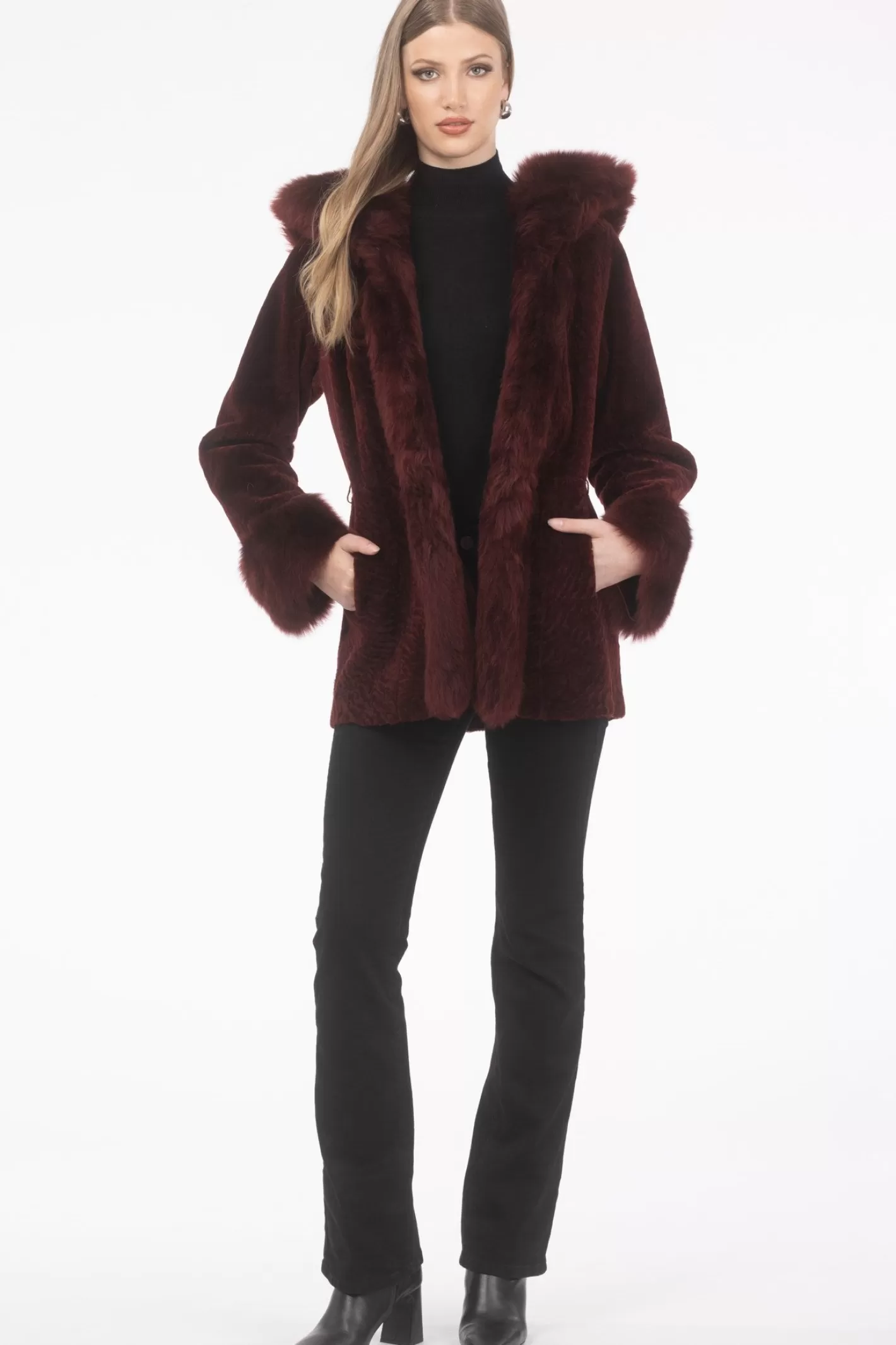 Women GORSKI Montreal Textured Shearling Lamb Reversible Parka With Merinillo Shearling Lamb Hood Trim, Tuxedo, Cuffs & Belt