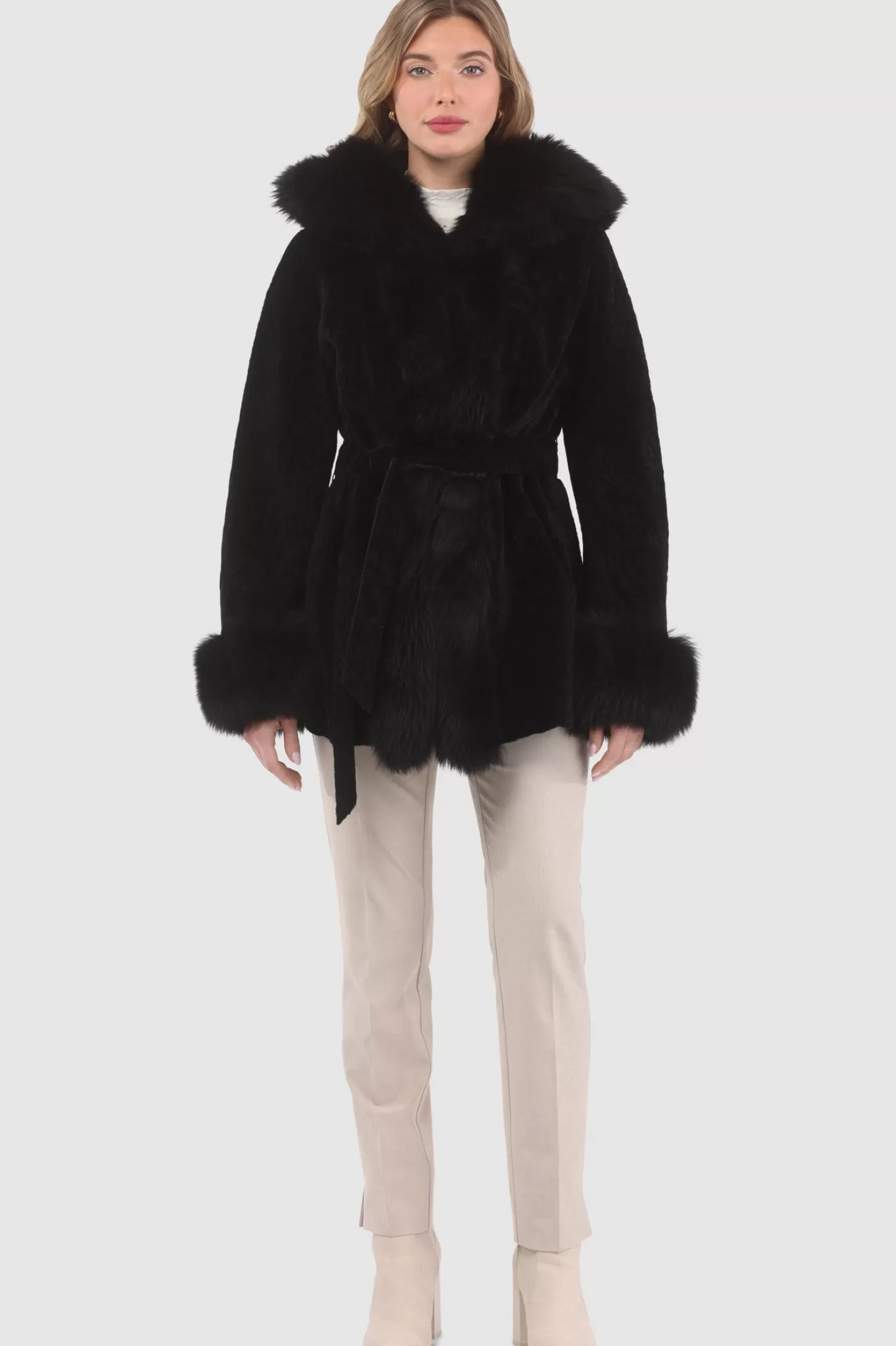 Women GORSKI Montreal Textured Shearling Lamb Reversible Parka With Merinillo Shearling Lamb Hood Trim, Tuxedo, Cuffs & Belt
