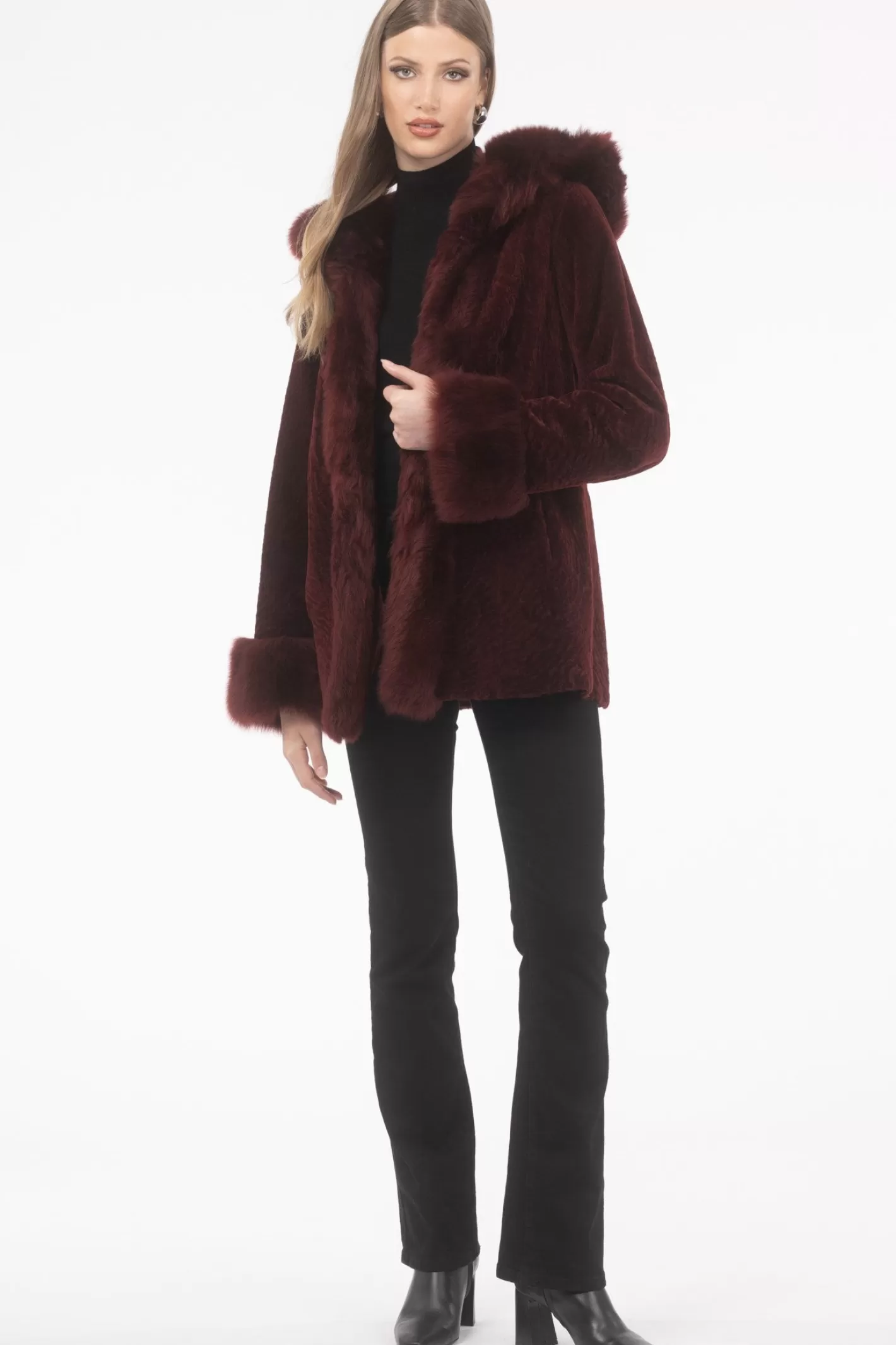 Women GORSKI Montreal Textured Shearling Lamb Reversible Parka With Merinillo Shearling Lamb Hood Trim, Tuxedo, Cuffs & Belt