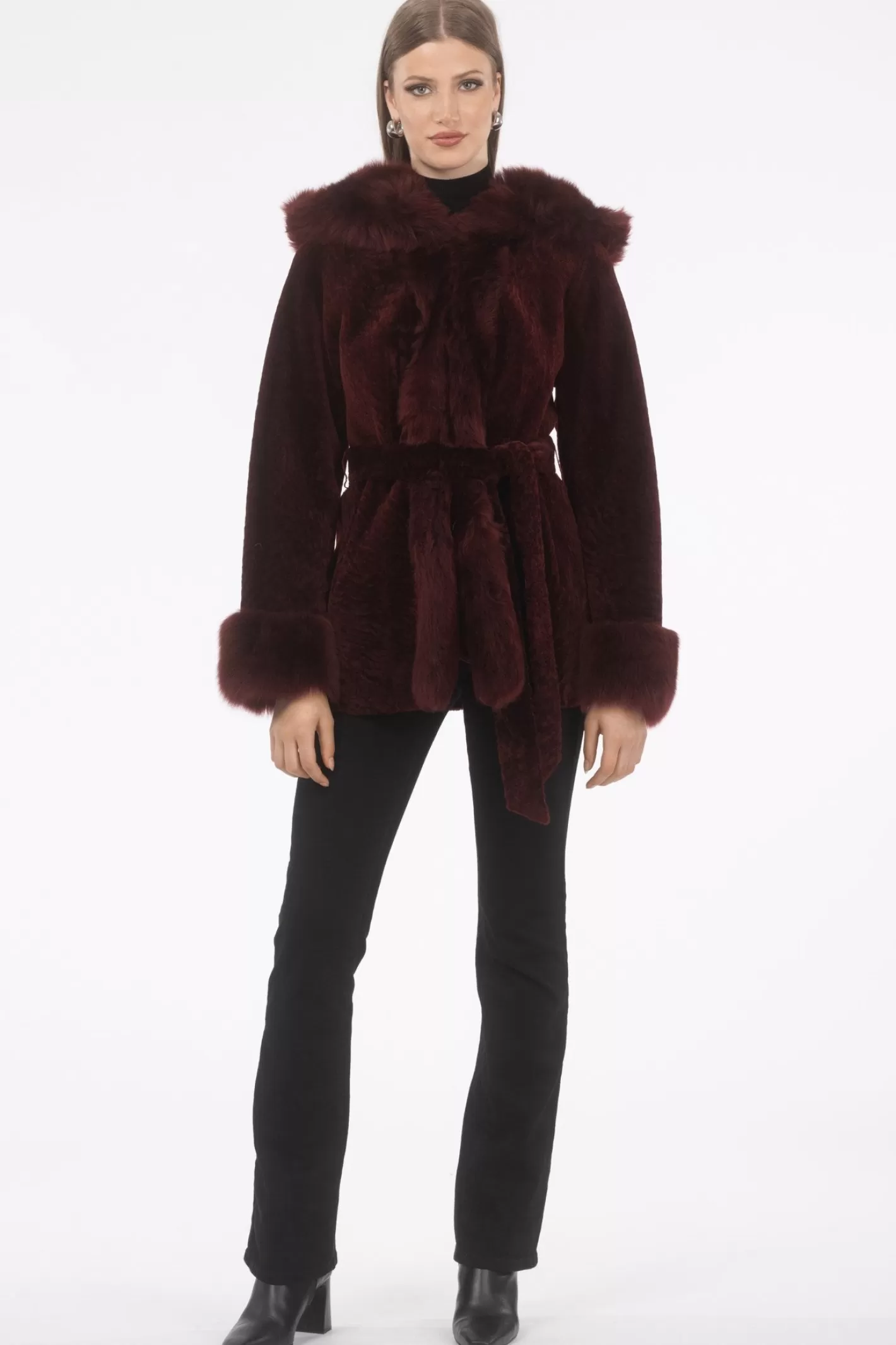 Women GORSKI Montreal Textured Shearling Lamb Reversible Parka With Merinillo Shearling Lamb Hood Trim, Tuxedo, Cuffs & Belt