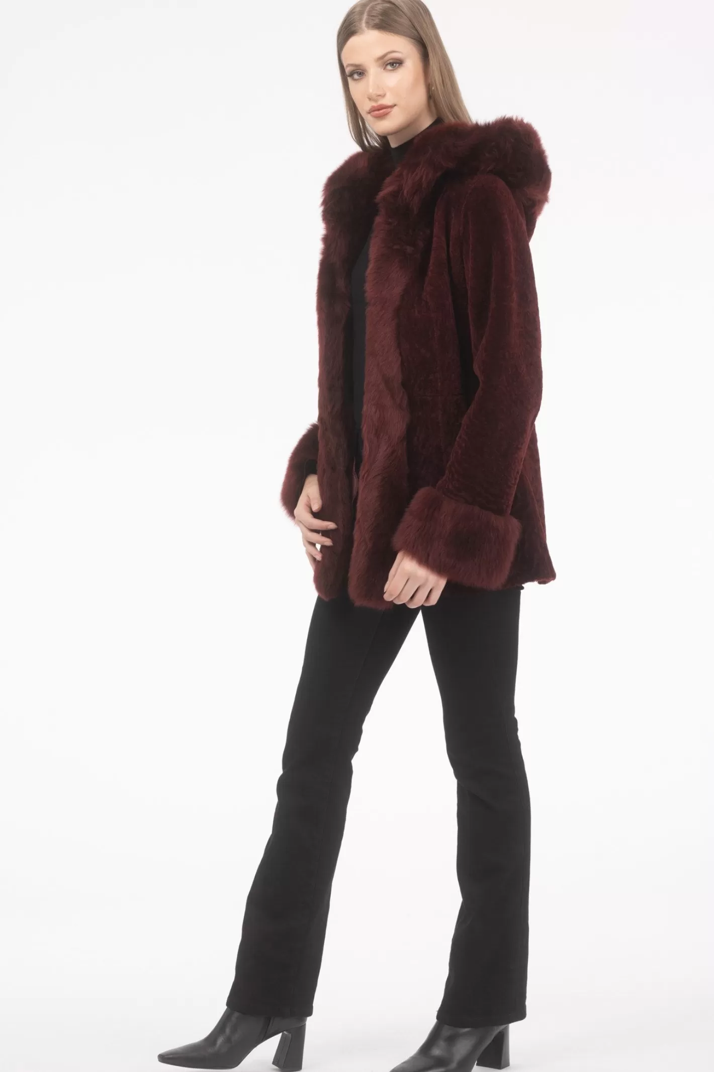 Women GORSKI Montreal Textured Shearling Lamb Reversible Parka With Merinillo Shearling Lamb Hood Trim, Tuxedo, Cuffs & Belt