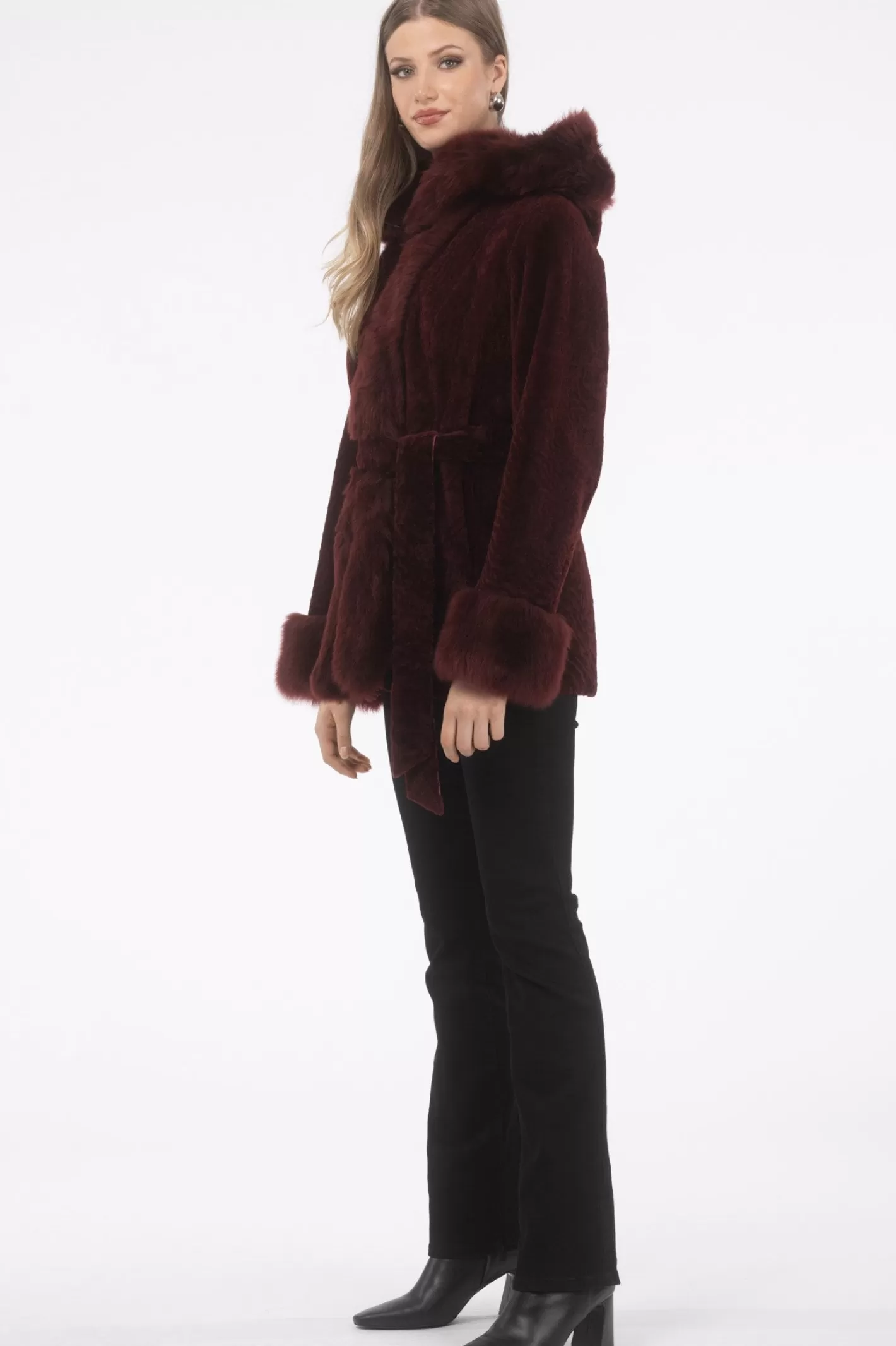 Women GORSKI Montreal Textured Shearling Lamb Reversible Parka With Merinillo Shearling Lamb Hood Trim, Tuxedo, Cuffs & Belt