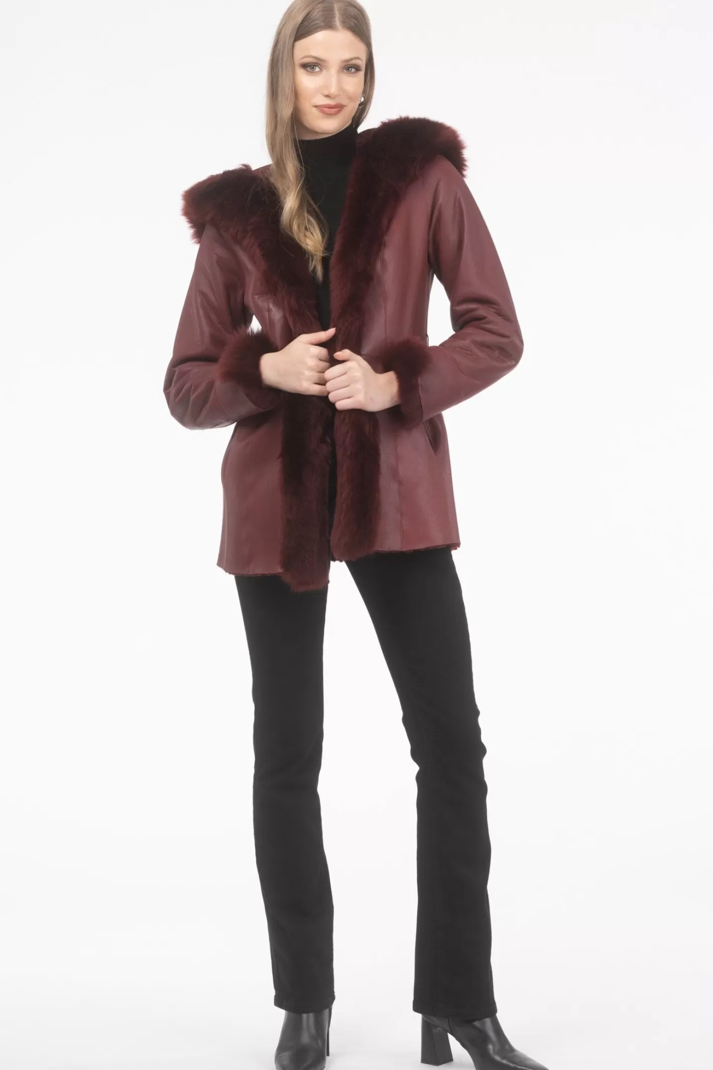 Women GORSKI Montreal Textured Shearling Lamb Reversible Parka With Merinillo Shearling Lamb Hood Trim, Tuxedo, Cuffs & Belt