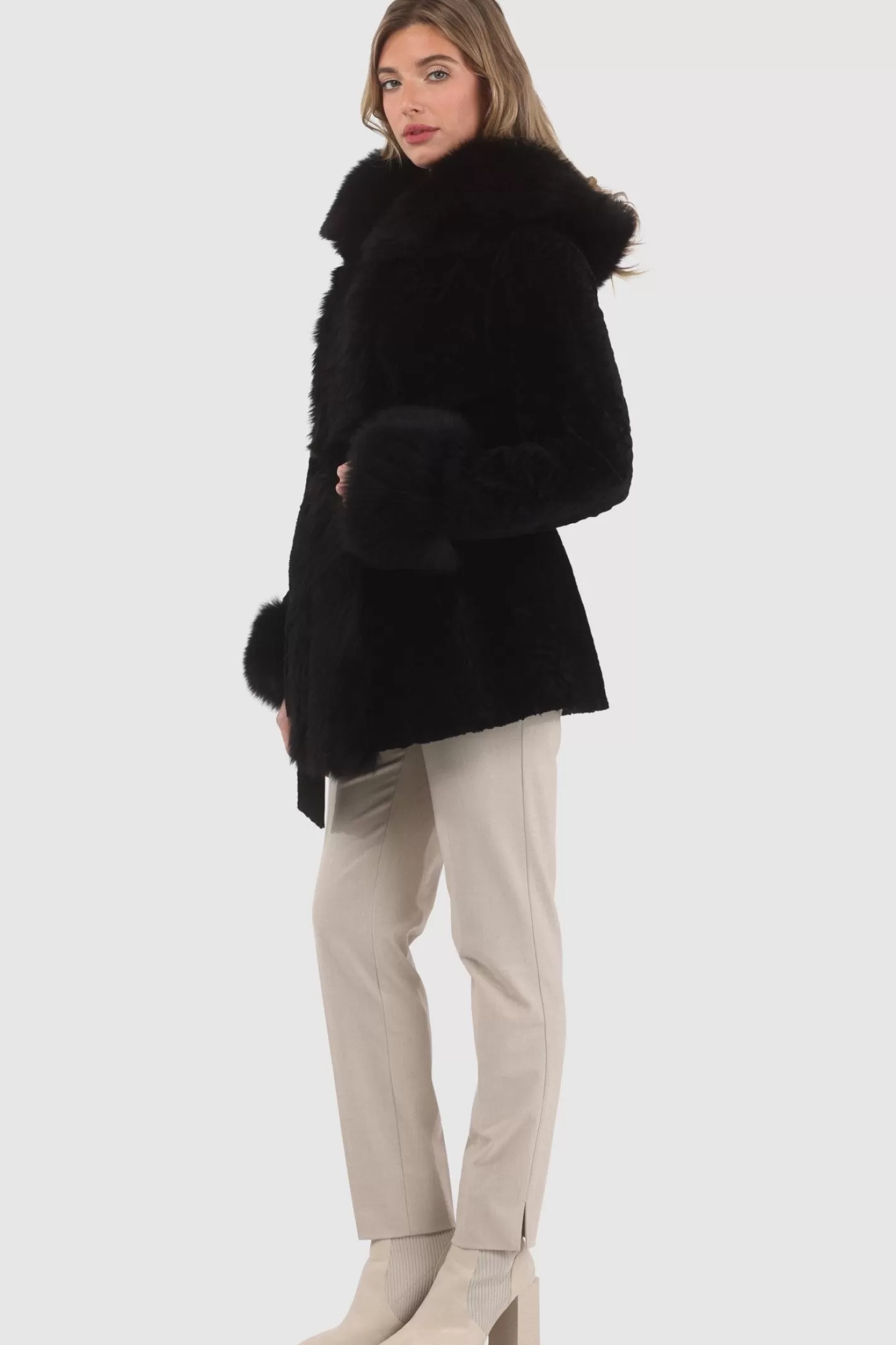 Women GORSKI Montreal Textured Shearling Lamb Reversible Parka With Merinillo Shearling Lamb Hood Trim, Tuxedo, Cuffs & Belt