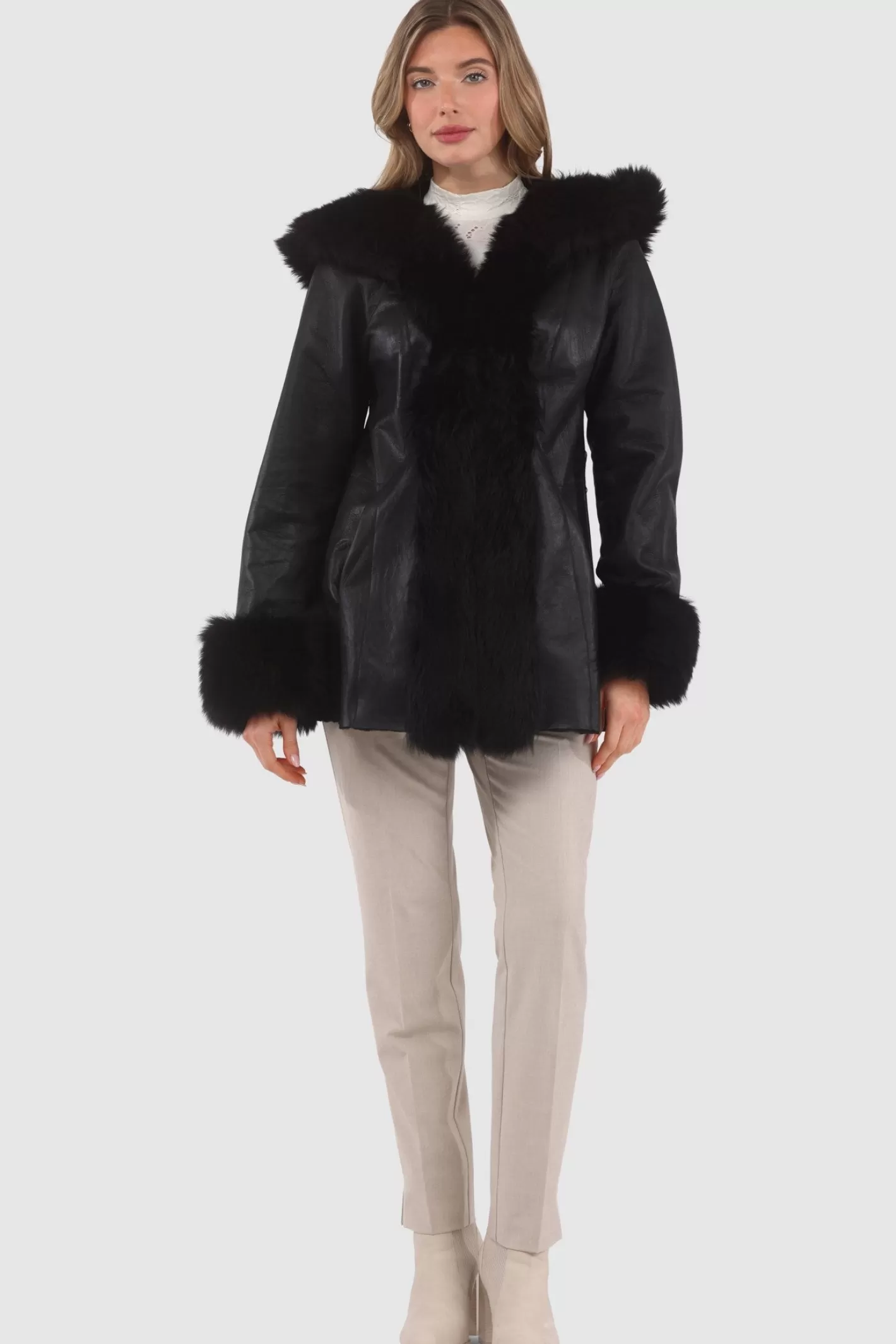 Women GORSKI Montreal Textured Shearling Lamb Reversible Parka With Merinillo Shearling Lamb Hood Trim, Tuxedo, Cuffs & Belt
