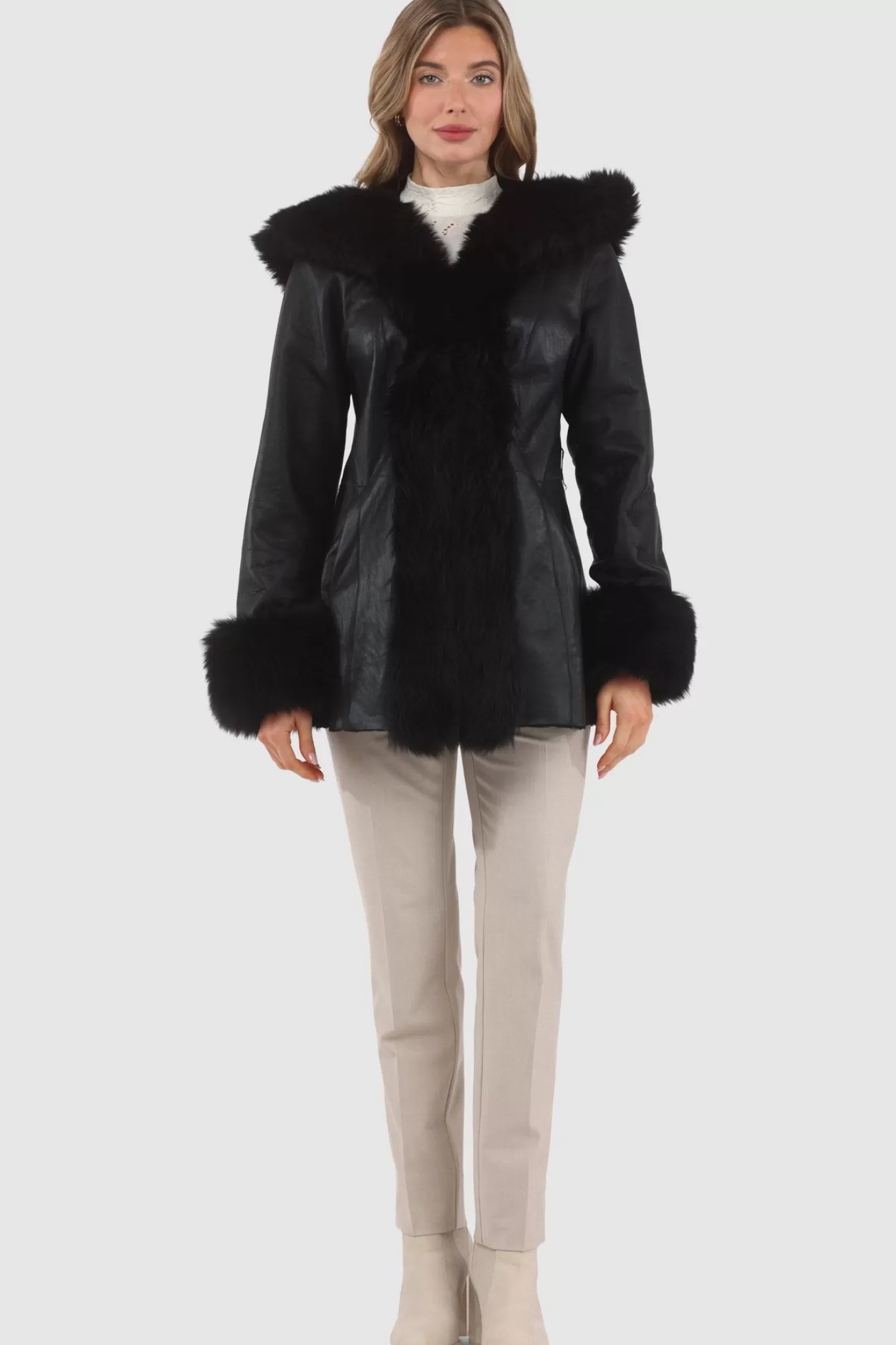 Women GORSKI Montreal Textured Shearling Lamb Reversible Parka With Merinillo Shearling Lamb Hood Trim, Tuxedo, Cuffs & Belt