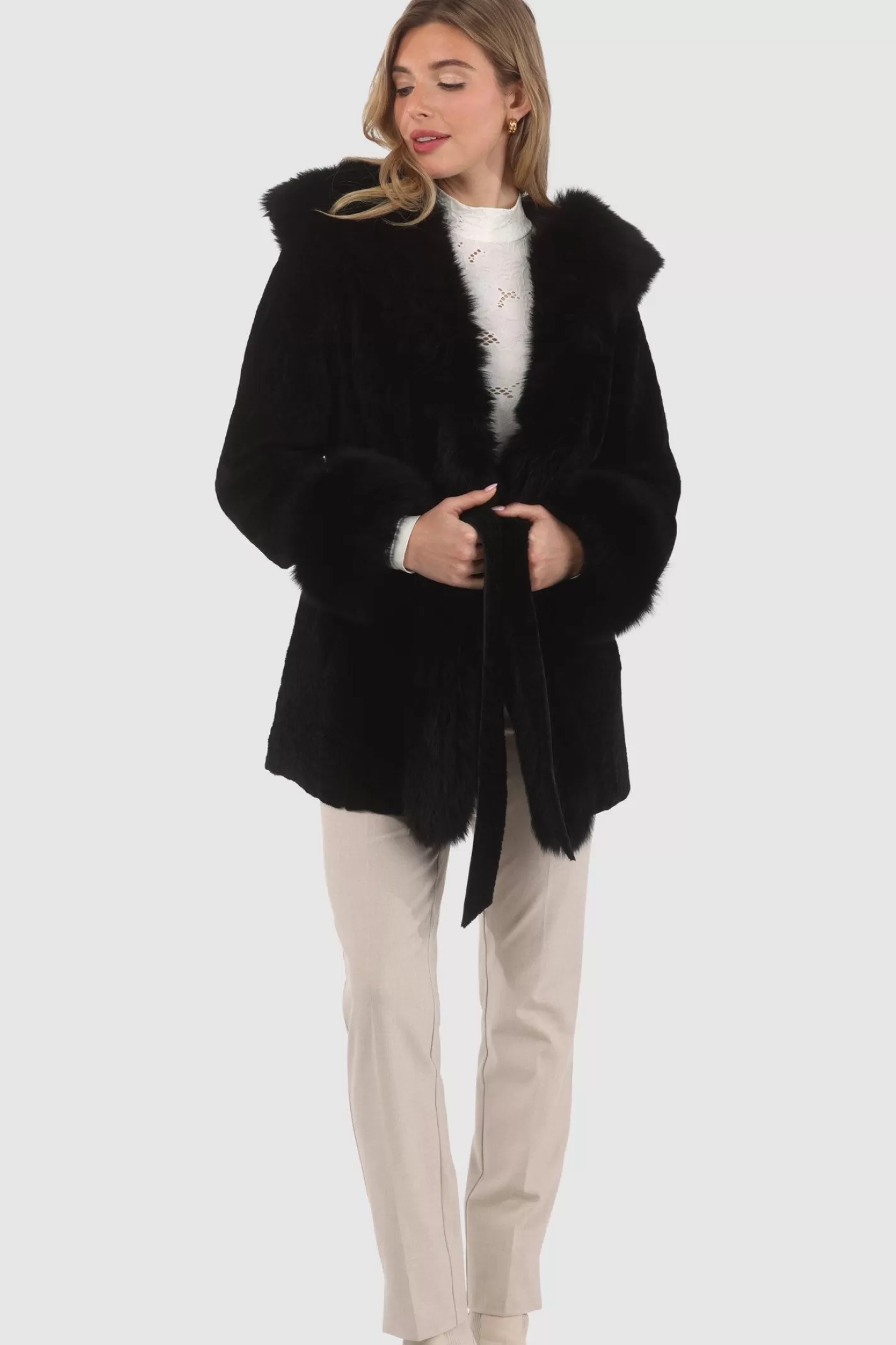 Women GORSKI Montreal Textured Shearling Lamb Reversible Parka With Merinillo Shearling Lamb Hood Trim, Tuxedo, Cuffs & Belt