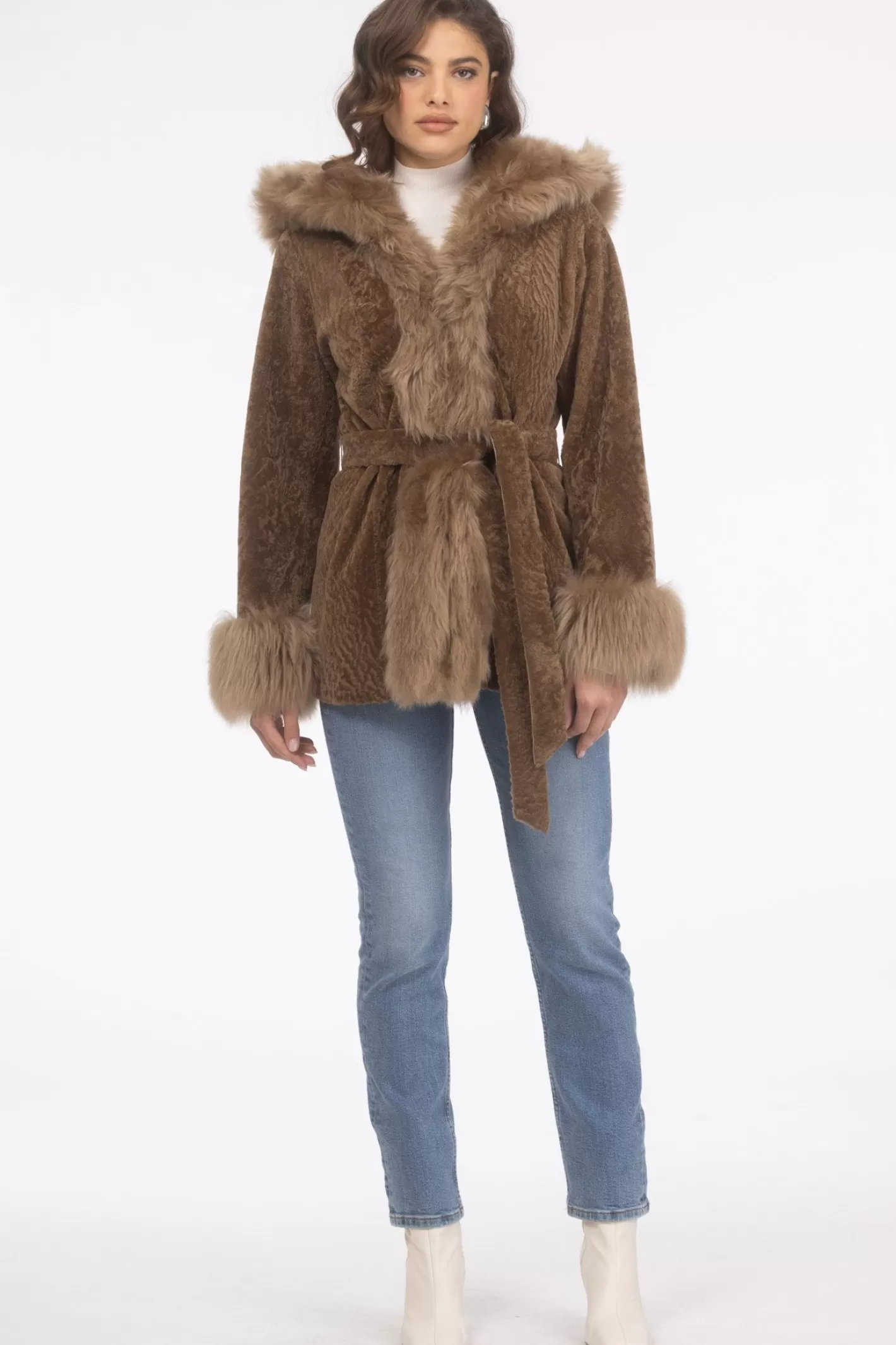 Women GORSKI Montreal Textured Shearling Lamb Reversible Parka With Merinillo Shearling Lamb Hood Trim, Tuxedo, Cuffs & Belt